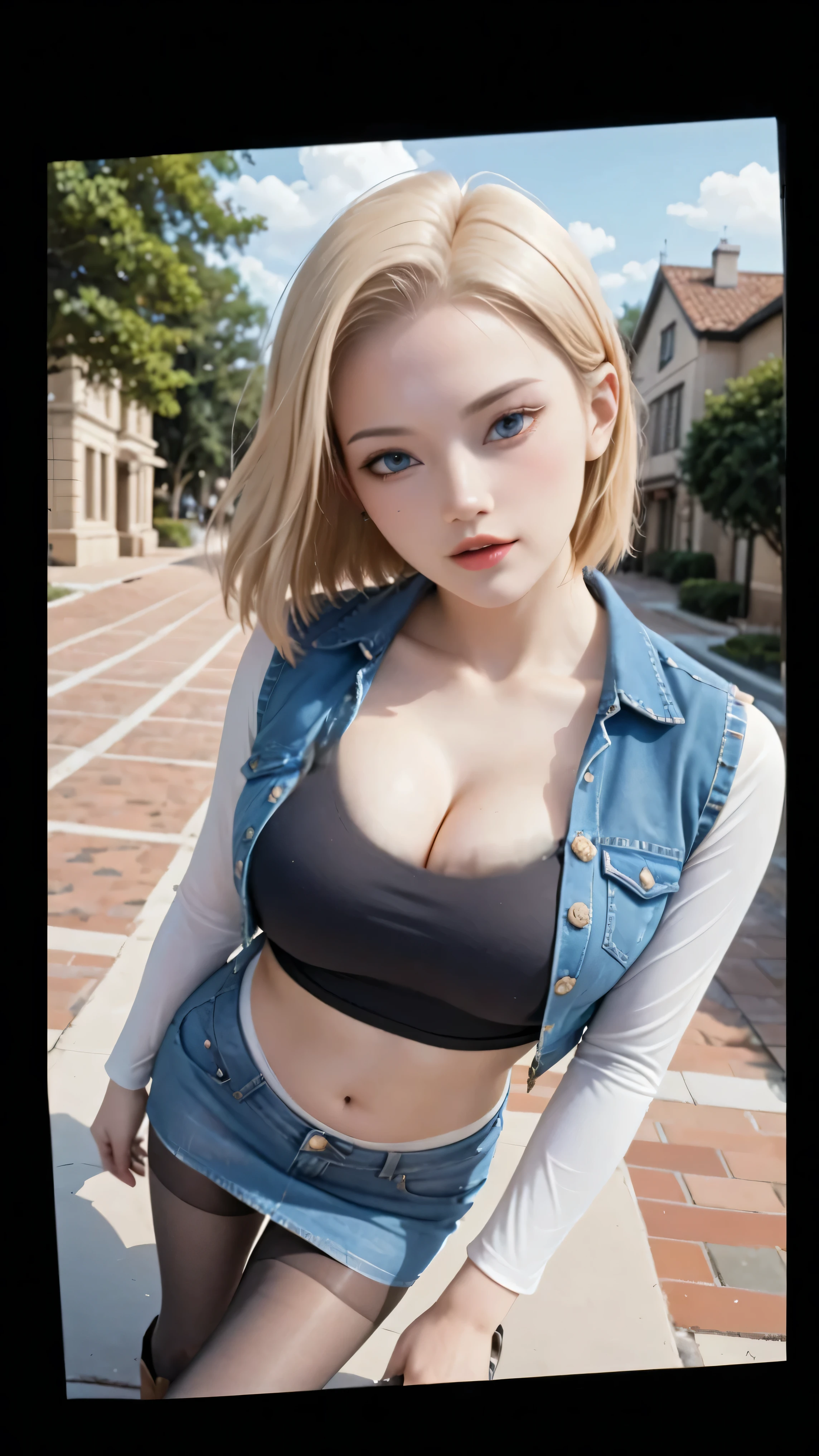 1girl, Blue eyes, (angry face :1.2), (Sana Minatozaki), (crossed arms, raised tits :1.3), (wide hips), Big , (big ass), (Best Quality, 8k, Masterpiece: 1.3), perfect hands, Clear Focus: 1.2, Perfect Body Beauty: 1.4, strong abs :1.2, Highly detailed face and skin texture, detailed eyes, double eyelids, (blonde long twintails), (black cleavage t-shirt :1.2), (denim shorts), standing, in a square next to a fountain