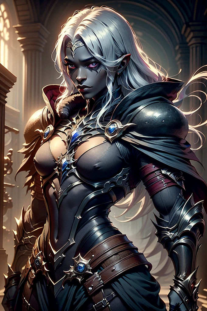 Masterpiece, Best Quality, perfect breasts, perfect face, perfect composition, UHD, 4k, full body, NSFW                                                                                                                                                                                                                             ((A hot vampire in gothic armor)), 1girl, huge_breasts, simple background, perfect eyes, perfect face, incredibly detailed eyes, very detailed eyes, (black armor) ,steel, blood_on_face, blood, fangs, red_robes, silver hair, wavy hair, glossy hair, blonde ,vampire, eyeliner, eye_lashes, mascara, (silver_eyes:1), shoulder_armor, covered breasts, thigh armor, (dark skin:1.5)
