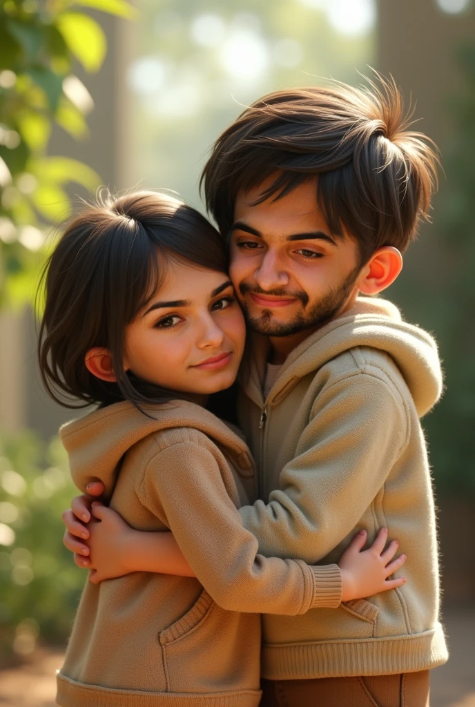 The image shows a young boy and girl hugging each other, with the boy on the left wearing a striped shirt and the girl on the right wearing a pink dress.