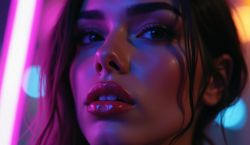 A girl, sticking out tongue, dripping perspiration, lying in bed, ultra detailed, inside a sinister room, at night, neon lighting, cinematic ultrarealistic, hyperreal, 4k, top-down view