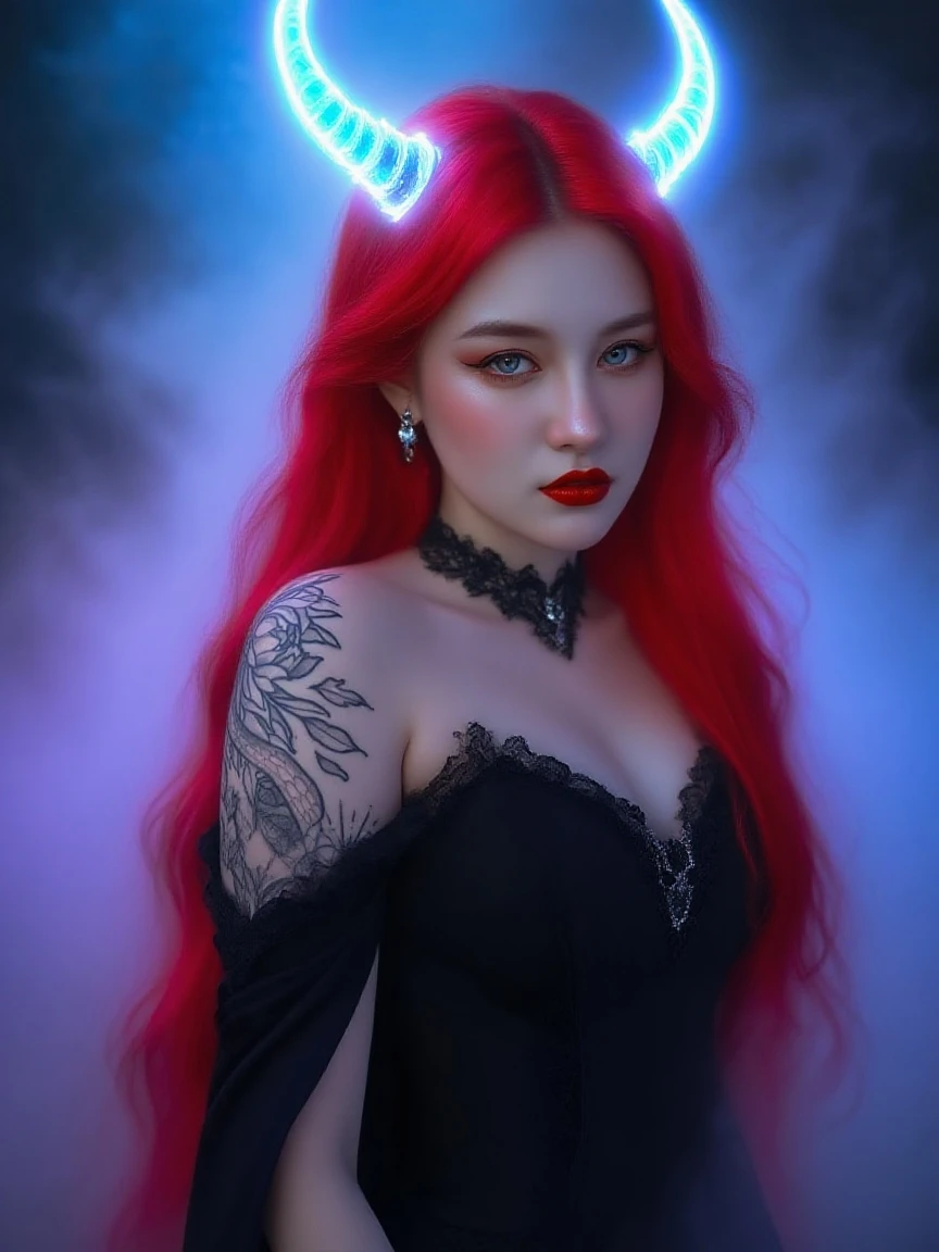 woman with blue hair and rainbow tattoos posing on a red carpet, tight short dress, imvu, sinister pose, lilith, second life avatar, spellcasting pose, lacivious pose,