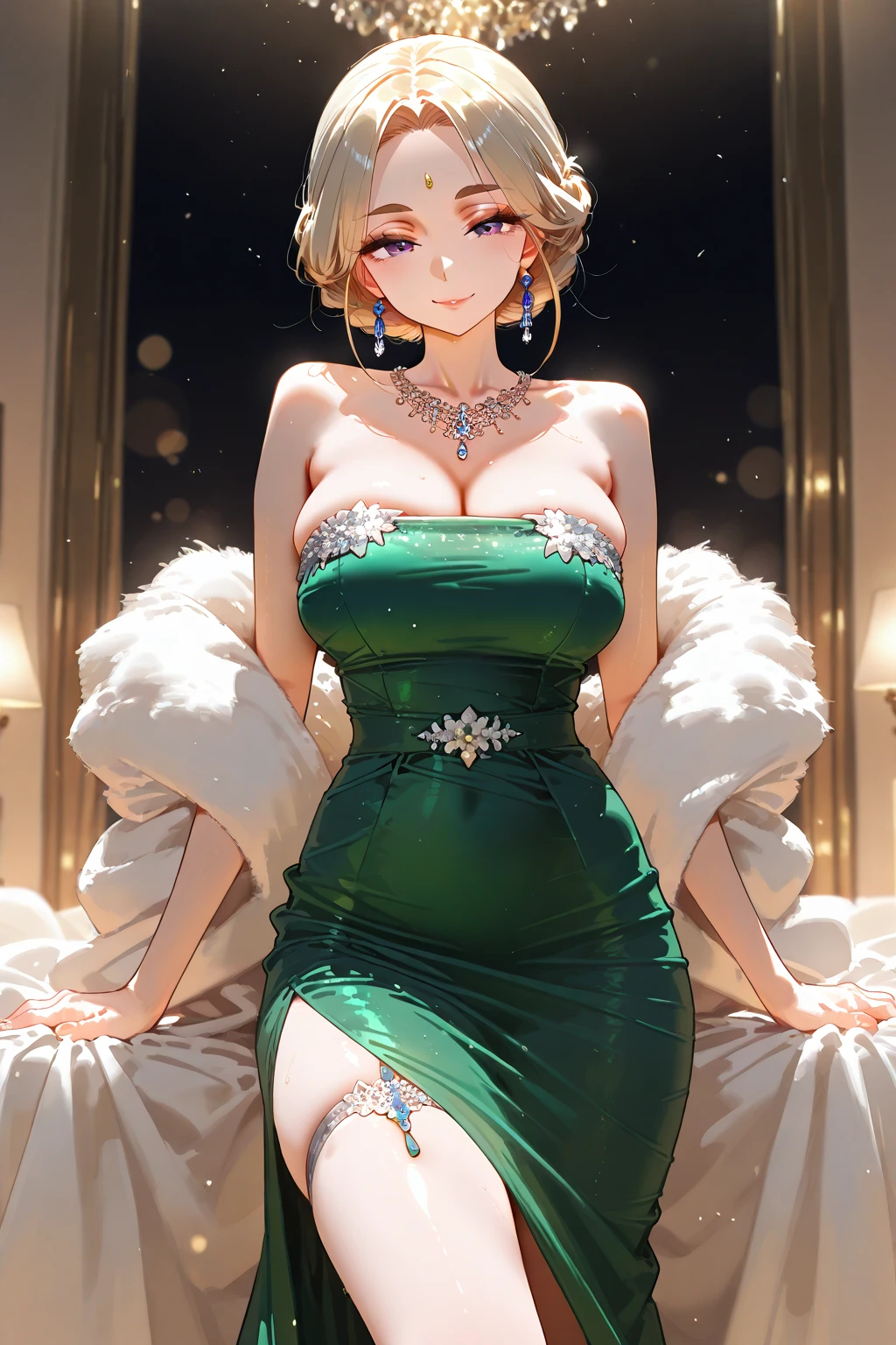 (((perfect quality, perfect anatomy, perfect body, beautiful, masterpiece, ultra detailed, 32K, anime style))), fullbody, 1girl, 17 years old, (shiny silver hair), (Airy bob cut, bang between eyes, beautiful hair, glossy silver eyes, beautiful eyes, twinkle eyes, large breast), 1 beautiful girl, cute face, beautiful face, pretty face, beautiful, best quality, good anatomy, shiny skin, BREAK
(Draconic Majesty-inspired glossy silk dress, featuring elements of dragon scales and fire, with a color palette of emerald green and bronze:1.2),
(dress has a fitted bodice with a high neckline, adorned with intricate scale patterns in shimmering emerald and bronze thread, sleeves are long and dramatic, with flame-like appliques in metallic fabric),
(skirt is floor-length with a mermaid silhouette, crafted from layers of silk and organza, creating a flowing effect that mimics the movement of dragon wings, hemline is embellished with beadwork and fiery motifs:1.2),
(Accessories include a bronze tiara with dragon motifs and matching earrings, completing the regal and mystical look), BREAK Ballroom in a top-of-the-line hotel, SimplePositiveXLv2
