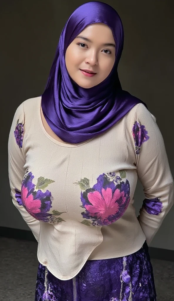 Best quality, high resolution, masterpiece: 1.3), beautiful Malay woman in hijab, big breasts, Masterpiece, Best quality), Young woman, perfect slim fit body, (Huge breasts), big gorgeous eyes, Soft smile, Delicate turtleneck print sun dress, necklace, shairband, afternoon walk, City garden, Excellent lighting, Bright colors, Clean lines