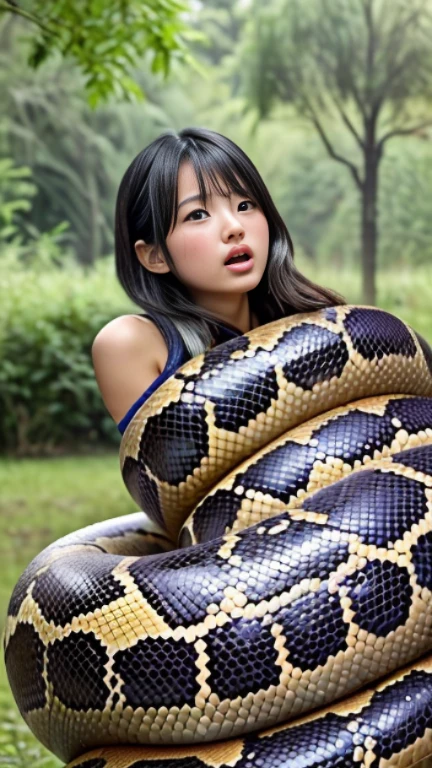 Pregnant Topless pink panties Happy Horny, aroused 1girl), beautiful kneeling Asian young teen girl with giant colossal black titanboa squeezing her hard, wrapped in thick spiraling coils, constricted, struggle, gasping for air, snake attack, snake peril, moonless night, dim light