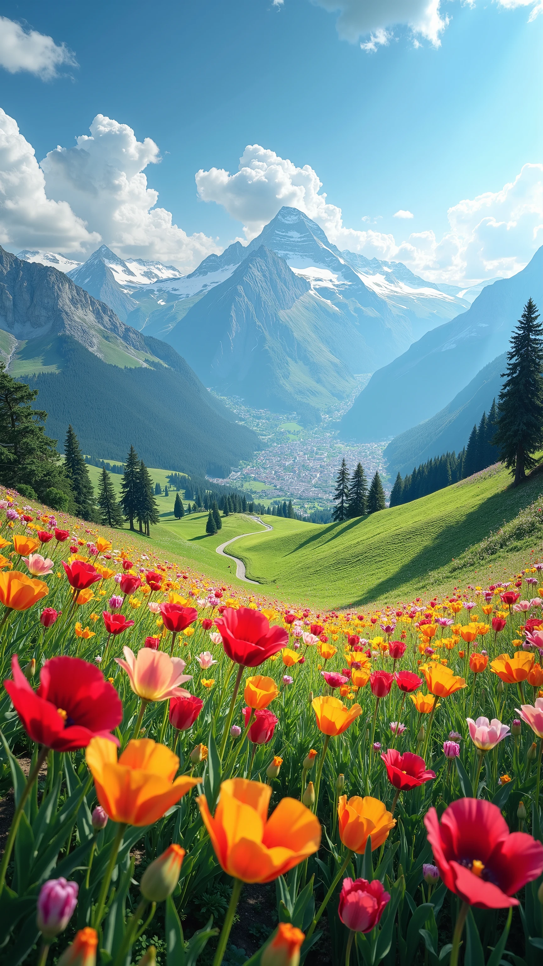  highdefinition images 、 Flower fields in the Swiss Highlands 、  Best Picture  、 A plateau with a fresh breeze 、 Magical beings hidden in the prairie and mysterious colorful flowers 、 8k(  High Quality Seven Colored Flowers  ) A plateau full of fantasy、 A refreshing plateau landscape image。You can see the cityscape under the plateau。