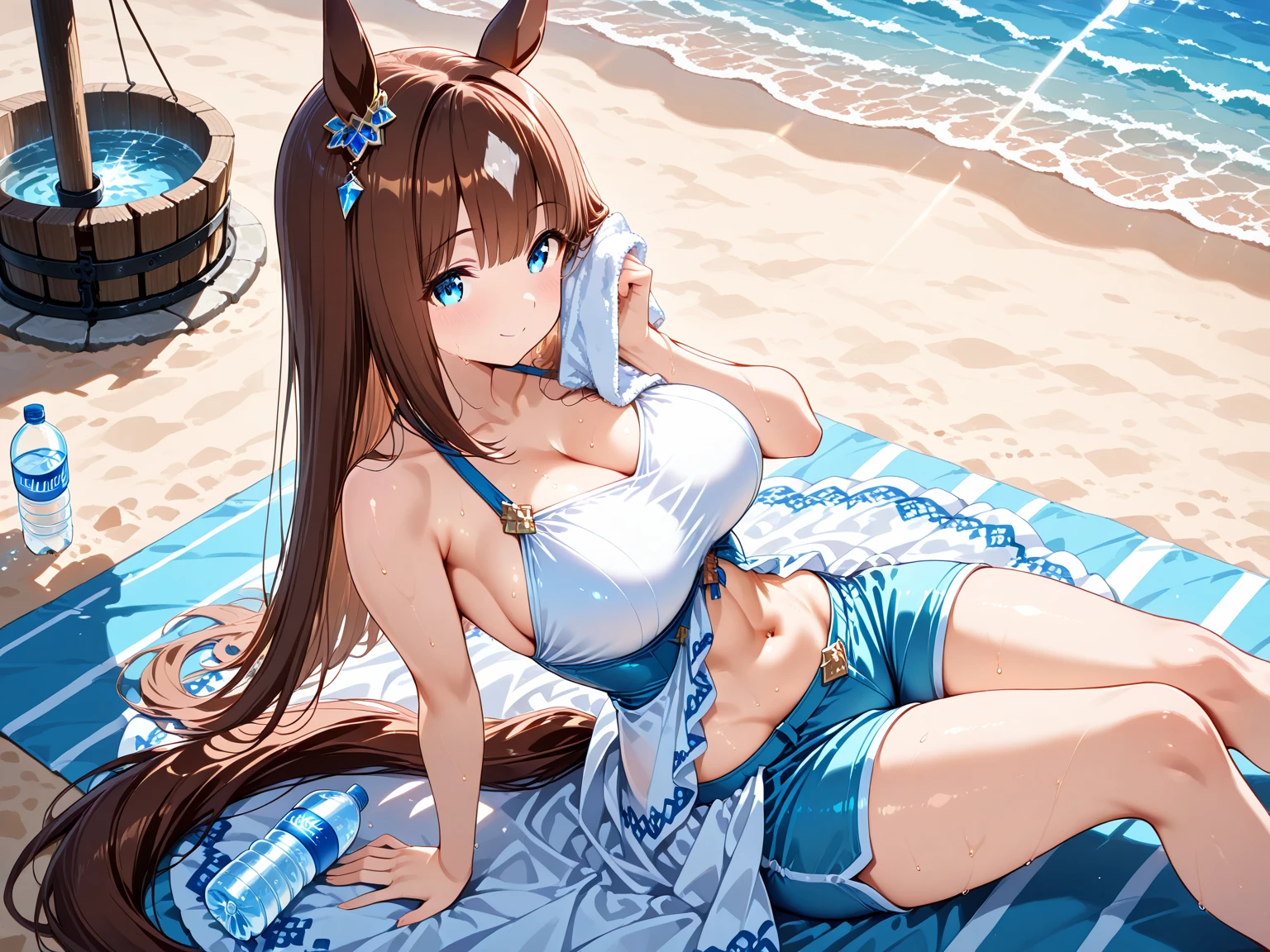 
dantsu_flame\(umamusume\), hiten kei style, claude monet, oil painting, masterpiece, hyper realistic, realistic skin, best quality, 1girl, seaside, large breasts, bikini, swimsuit, full body, vector illustration, light smile, bangs, ponytail, stomach, navel, bare shoulders, brown hair, horse ears, horse tail, wet, soaked, raining, sarong, sky, hands up, arched back, stretching, open mouth, sunset, resting, resort, wet body, beach, washing her body, taking bath, arched back, island