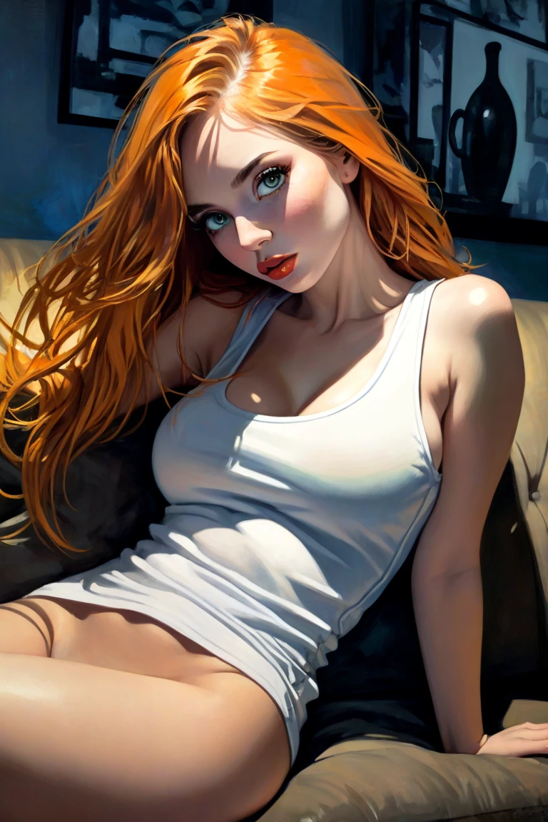 The sexy and dark art of seduction, elegant, long orange hair, grey transparent nightgown, medium breasts, on a sofa, very sexy and erotic, dim light (art inspired by Bill Sienkiewicz). oil painting) (best quality, 4k, 8k, high resolution, masterpiece: 1.2), ultra-detailed, (realistic, photorealistic, photorealistic: 1.37), intricate details, vivid colors, sharp focus, professional, artwork by Dave McKean , oil touch of surrealism, oil painting style