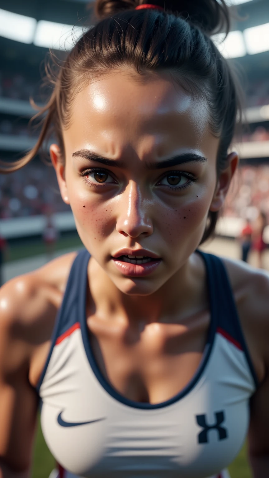 Beautiful mature Indian college girl, In truck costume, At an outdoor athletics stadium, ((slim, )), photographRealistic, photograph, masterpiece, Realistic, realism, photographrealism, High Contrast, photographRealistic digital art trending on Artstation 8k HD high definition Familiar Realistic, Familiar, Skin Texture, hyper Familiar, Realistic Skin Texture, Armature, highest quality, 超High resolution, (photographRealistic:1.4),, High resolution, Familiar, raw photograph, sharply, by lee jeffries nikon d850 film stock photographgraph 4 kodak portra 400 camera f1.6 lens rich colors hyper Realistic lifelike texture dramatic lighting unrealengine trending on artstation cinestill 800,