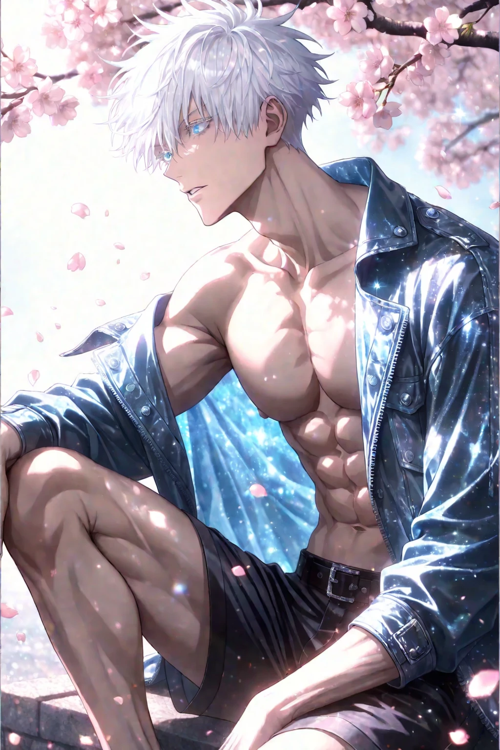 1 male, high resolution 8k, young, handsome, perfect face detail, detailed eyes and face, clean shaved, sixpack realistic, white eyebrow hair, white eyelashes, dynamic lighting, unreal engine, hd picture, satoru gojo, Jujutsu kaisen, white hair, short hair ,hair between eyes ,blue eyes, white skin