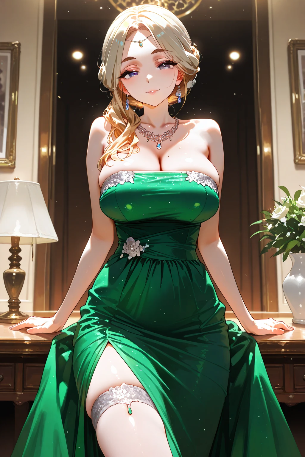 shoulder-length blonde hair, light effect, soft, super clear, high-definition picture, (front), masterpiece, cinematic lighting, Tsunade hokage, orange eyes, blonde hair, 1girl, solo, looking at viewer, smile, large , open shoulder, green long dress, wine glass holding, gala dinner