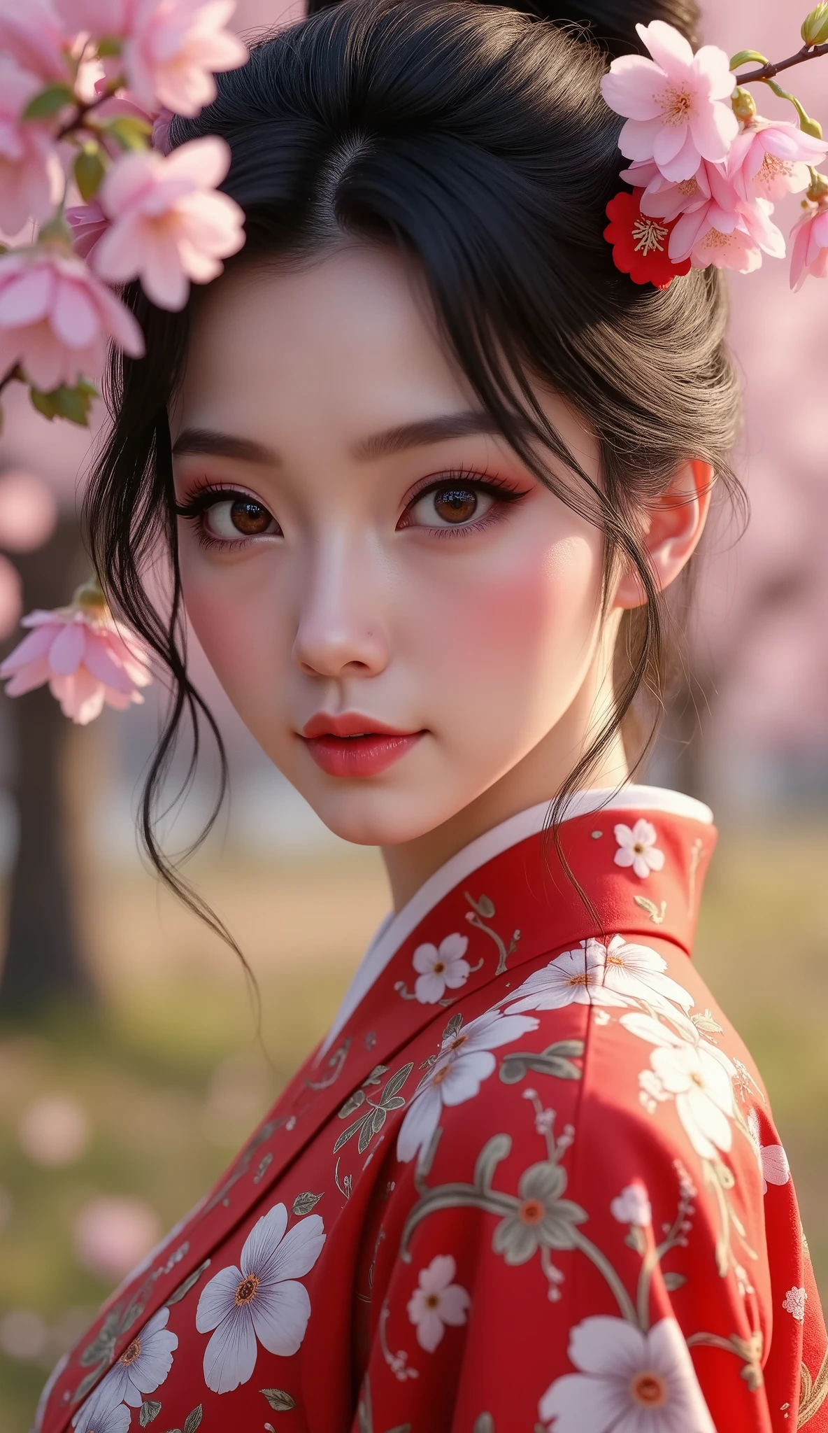 Realistic (photorealistic Realism), (high resolution), ((intricately detailed digital art)), (ultra realistic texture details: velvety skin, hair), ((ultra quality)), (UHD:1.3), professional photography, (glamour shot of Japanese woman:1.3), (intricately detailed realistic brown_eyes:1.2), (perfect proportions),((anatomically correct)),((perfect female body)),((firm and full normal breasts:1.2)),beautiful cheekbones,(Super beautiful),perfect round eyes,finely detailed pupils,BREAK,detailed lips:1.3,makeup:1.3,red_lipstick:1.2, Thin eyebrows, Carefully draw eyelashes, Eyelash extensions, Gal Makeup, realistic dull skin noise, visible skin detail, skin fuzz, dry skin, (blush:0.5), (Goosebumps:0.3), Voluminous updo, (vivid and colorfu)l, The attention to detail, satisfaction smile, best high quality soft lighting, sharp focus captured by Fujifilm XT3, f 5.6, in a dramatic lighting, (perfect composition), ((outside,an orchard of blooming cherry trees:1.1)),(random u%u top:1.35), exquisite balance of shadows,perfect composition, ((upper body shot:1.3)),look at the viewer,