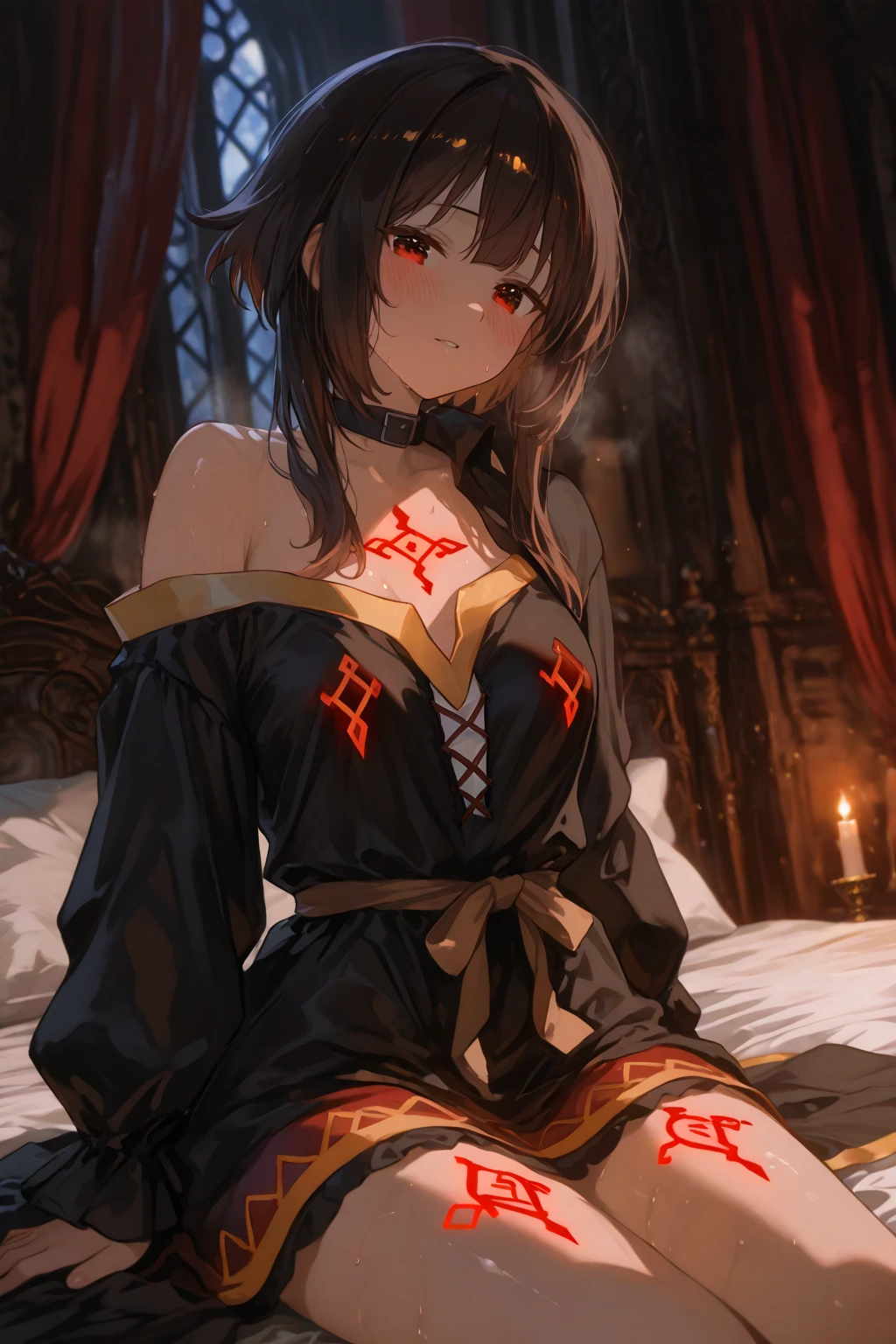 Estilo anime, adult vampire of random ethnicity with sculptural body, muito longo, cabelos lisos, random color, lying naked bathing naked in a bathtub full of liquid, vermelho escuro como sangue, she is smiling mischievously with her mouth open showing sharp vampire teeth, In her hand she has a glass full of a very dark red liquid......, on the floor we see an arm with bite marks appearing in the corner, o banheiro tem azulejos antigos, incense smoke, velas em candelabros coloniais, the floor is wet with some of the red liquid, the lighting comes from candles add to the scene an open window with the full moon appearing