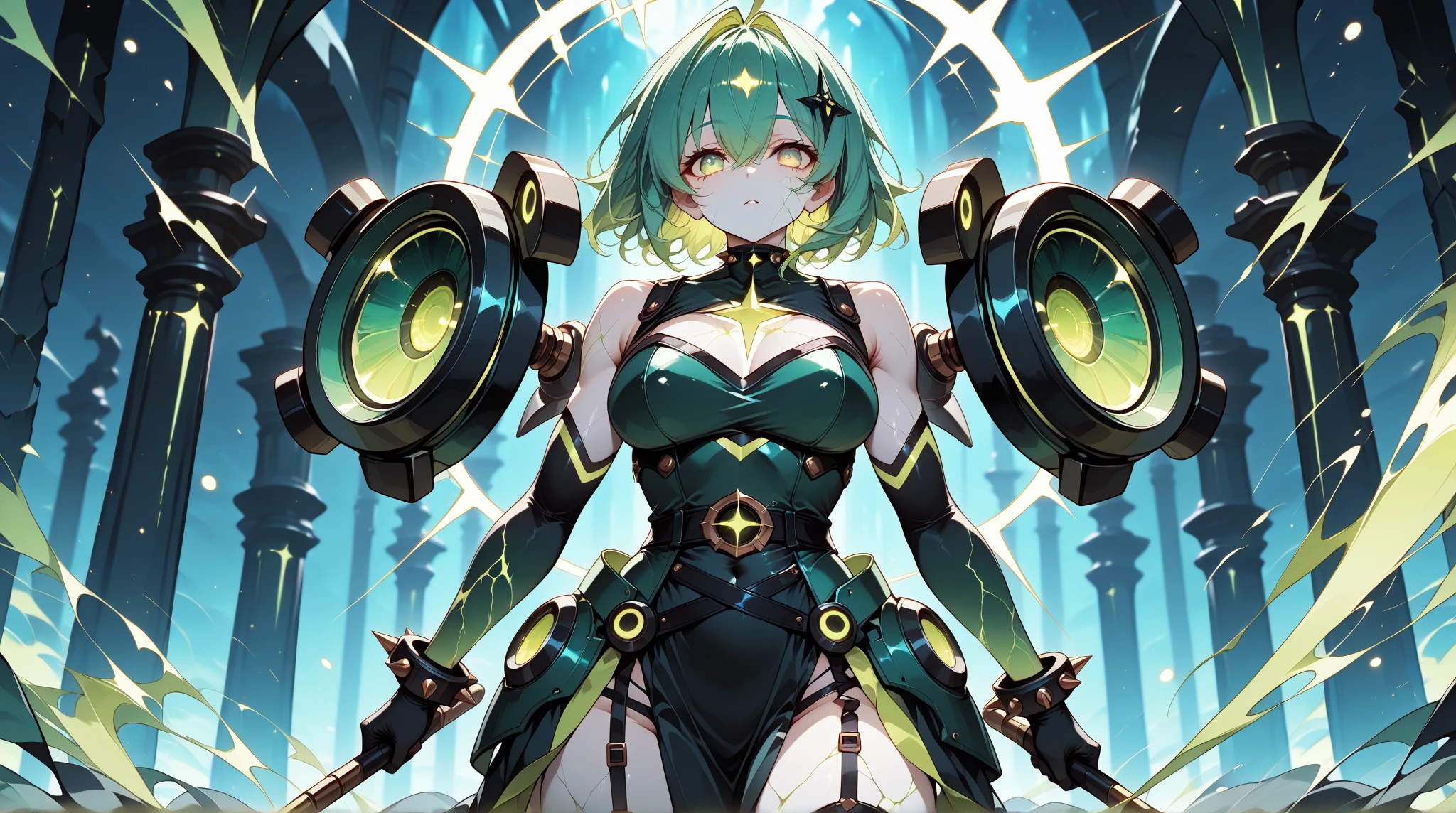 Copper bikini armor, copper crown, bare belly, big breasts, green hair, red eyes, bikini armor, copper, copper automaton, technology
