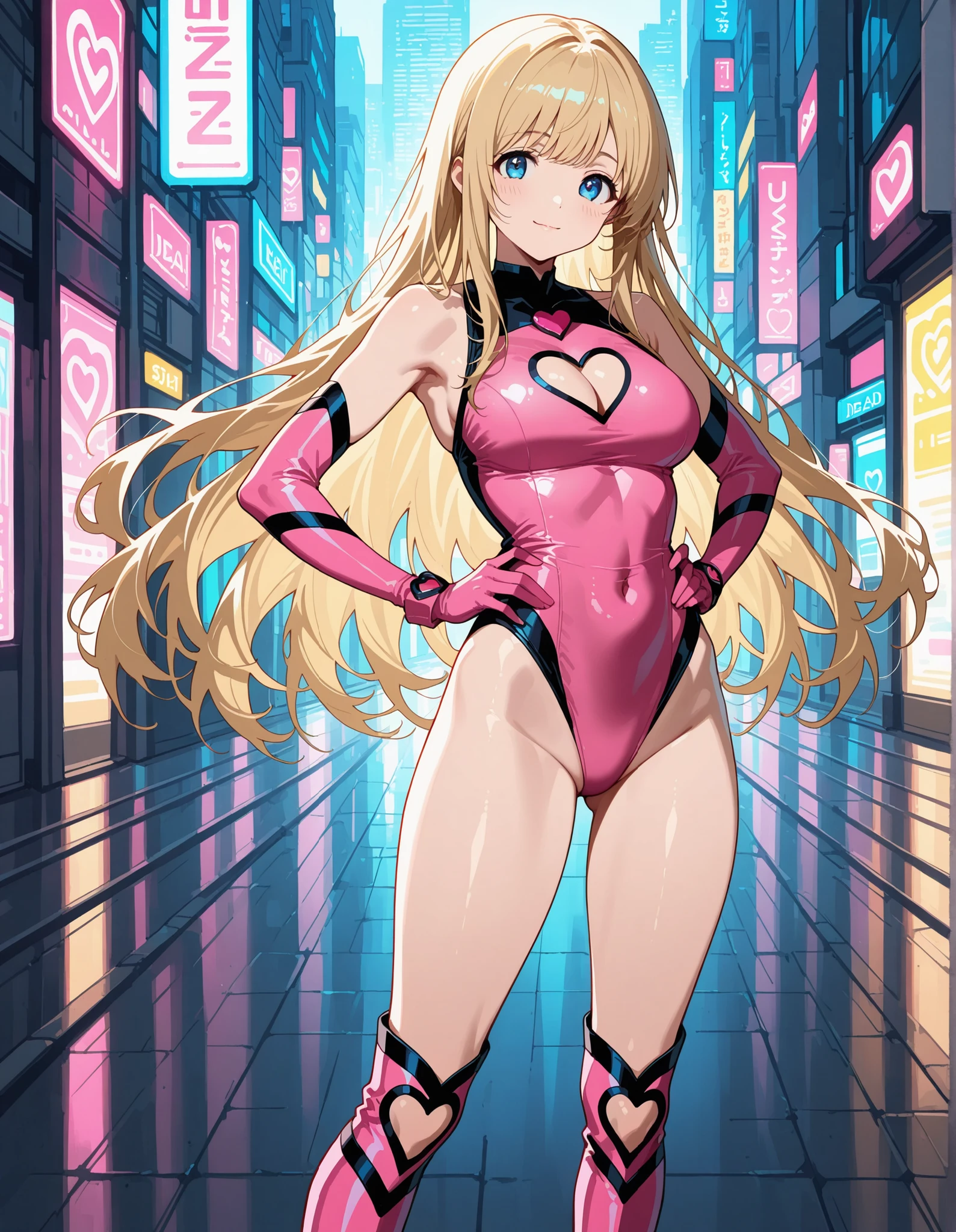 masterpiece, best quality, highres, 1girl, solo, superhero, leotard, bare legs, matching boots, sleeveless, looking at viewer, light particles, city backdrop, perfect hands, perfect eyes, perfect leotard, perfect legs, perfect arms, perfect fingers, medium breasts, pink leotard, standing, blonde hair, long hair, knee boots, blue eyes, heart cutout, cute face, hair down, bangs, sleeveless, pink gloves, pink footwear, cleavage cutout,