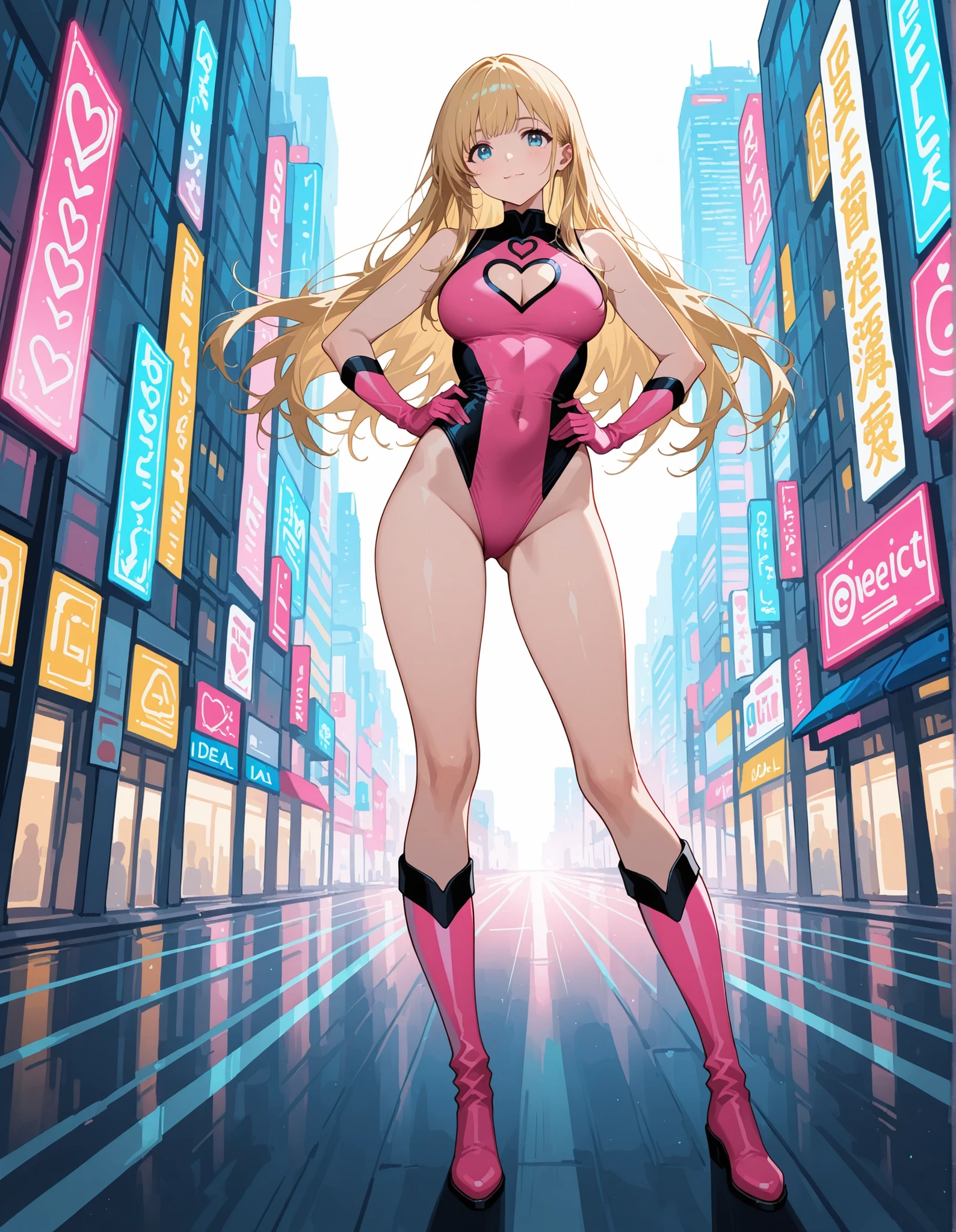 ((masterpiece)), ((best quality)), ((high res)), 1girl, solo, solo focus, (leotard, perfect leotard, pink leotard, sleeveless, bare legs), matching boots, looking at the viewer, miami city backdrop, perfect eyes, perfect legs, perfect arms, perfect hands, complete fingers, perfect anatomy, perfect proportions, medium breasts, (blonde hair, long hair, hair down, bangs), knee boots, blue eyes, beautiful detailed eyes, beautiful detailed face, cute face, (one cleavage heart cutout), pink gloves, pink footwear, superhero, casual, smile, single, standing, standing straight, full body with costume, :d