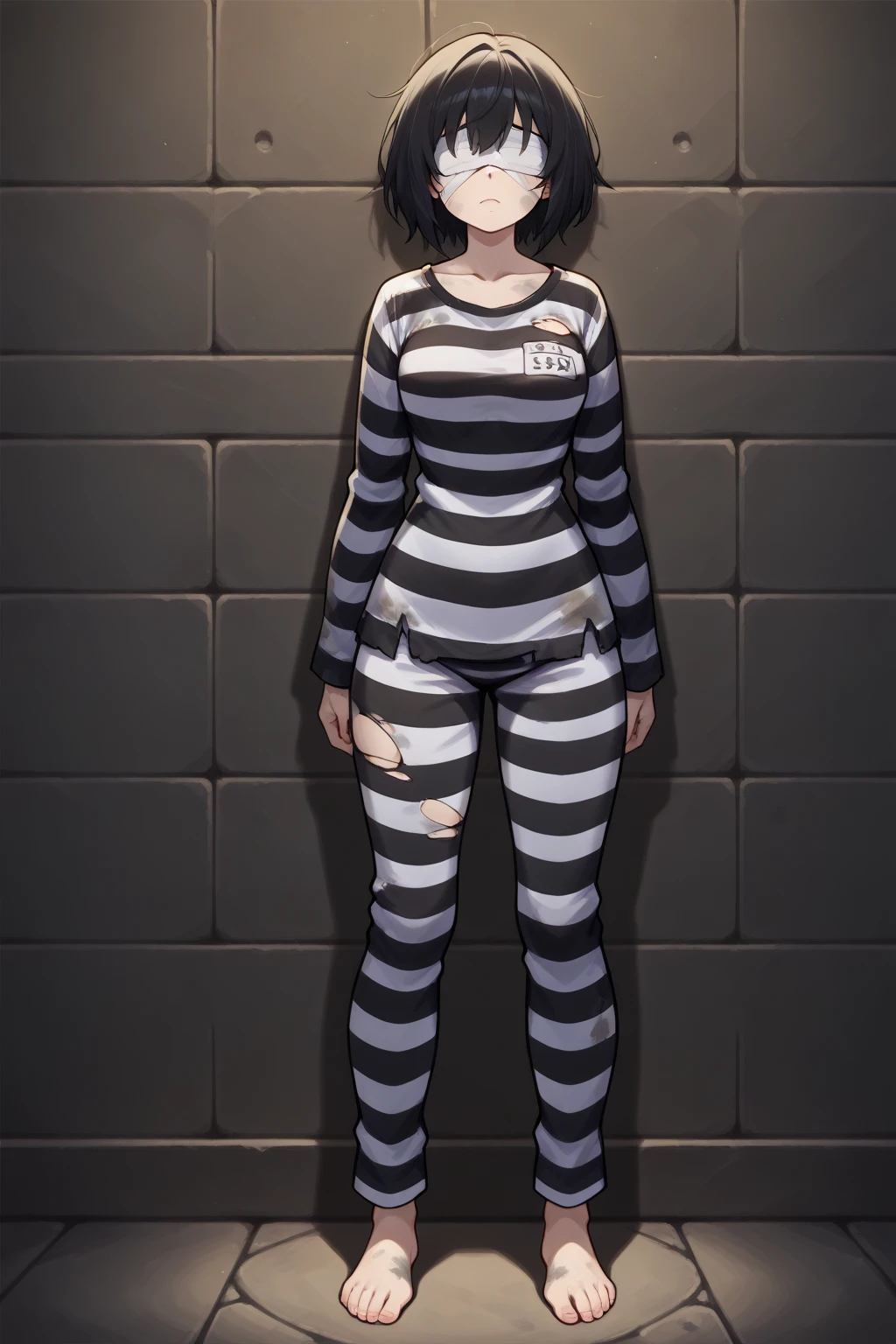 masterpiece:1.3), ((best quality:1.3), I-no, 1girl, tinted eyewear, breasts, short hair, black hair, solo, choker, mole above mouth, sunglasses, large breasts, ((priclothes)), ((striped clothes)), prisoner, shirt, long sleeves, prison striped prison inmate scrubs with long tight sleeves, upper body, shackles, black and white stripes