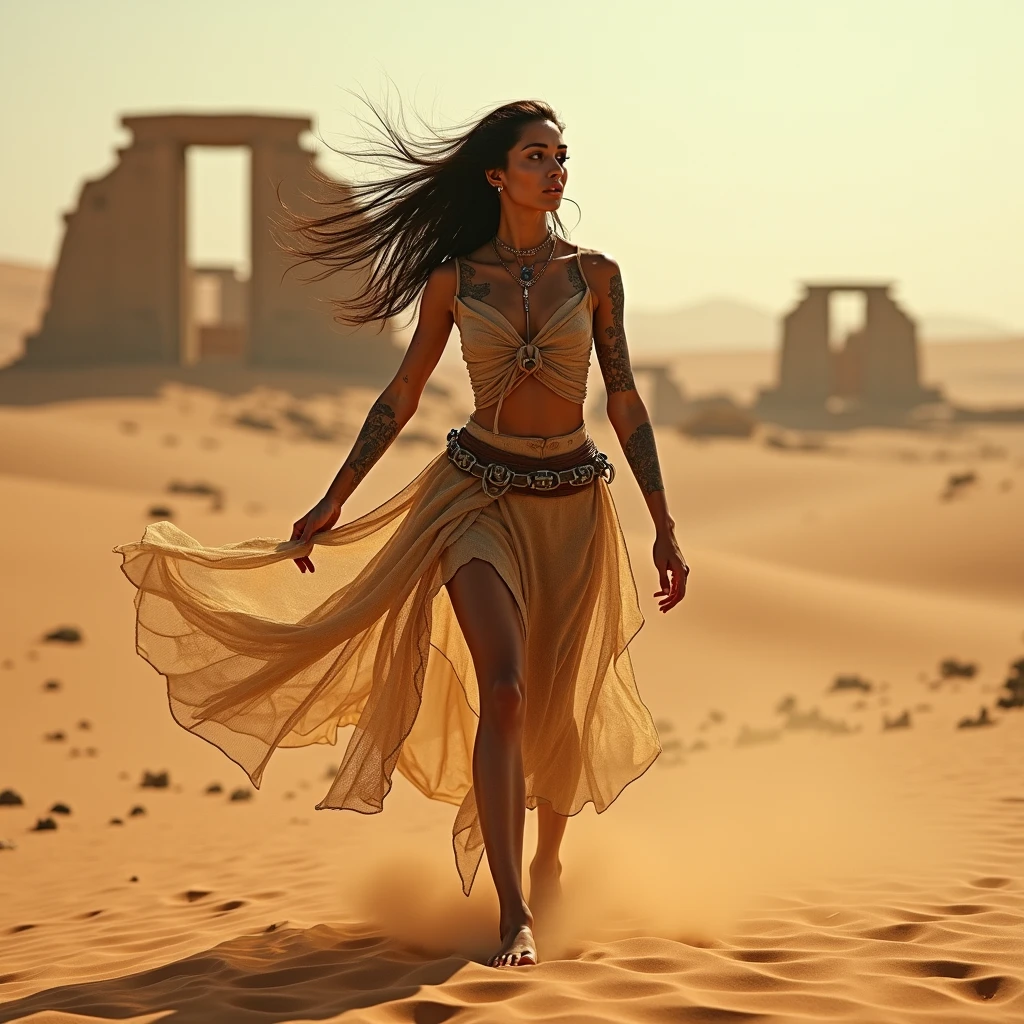 Woman, black in color, hair in flames, wearing a flowing white dress and a golden mask, running in the desert barefoot and a golden sword in her left hand.