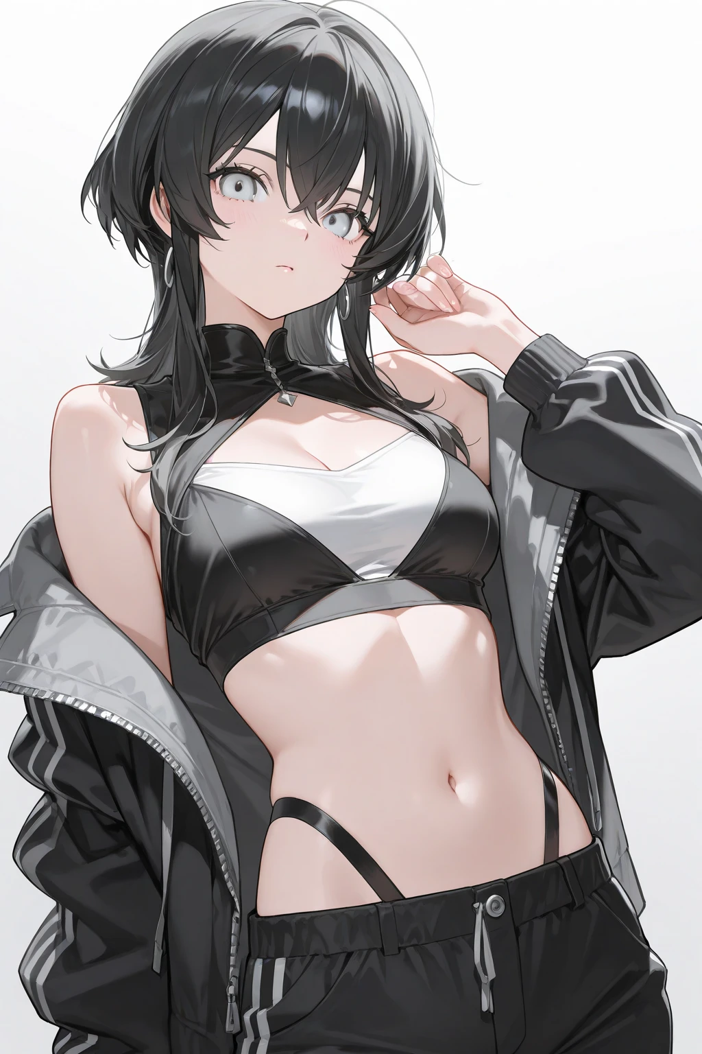 1girl, Black cut hair, yellow eyes, black short pijamas, gray background, sexy, Bellybutton, buttocks,