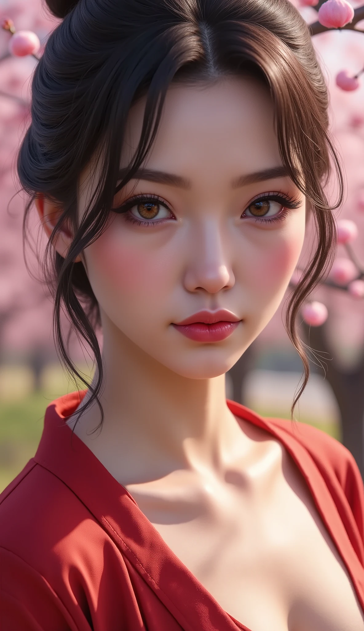 Realistic (photorealistic Realism), (high resolution), ((intricately detailed digital art)), (ultra realistic texture details: velvety skin, hair), ((ultra quality)), (UHD:1.3), professional photography, (glamour shot of Japanese woman:1.3), (intricately detailed realistic brown_eyes:1.2), (perfect proportions),((anatomically correct)),((perfect female body)),((firm and full normal breasts:1.2)),beautiful cheekbones,(Super beautiful),perfect round eyes,finely detailed pupils,BREAK,detailed lips:1.3,makeup:1.3,red_lipstick:1.2, Thin eyebrows, Carefully draw eyelashes, Eyelash extensions, Gal Makeup, realistic dull skin noise, visible skin detail, skin fuzz, dry skin, (blush:0.5), (Goosebumps:0.3), Voluminous updo, (vivid and colorfu)l, The attention to detail, satisfaction smile, best high quality soft lighting, sharp focus captured by Fujifilm XT3, f 5.6, in a dramatic lighting, (perfect composition), ((outside,an orchard of blooming cherry trees:1.1)),(random u%u top:1.35), exquisite balance of shadows,perfect composition, ((upper body shot:1.3)),look at the viewer,