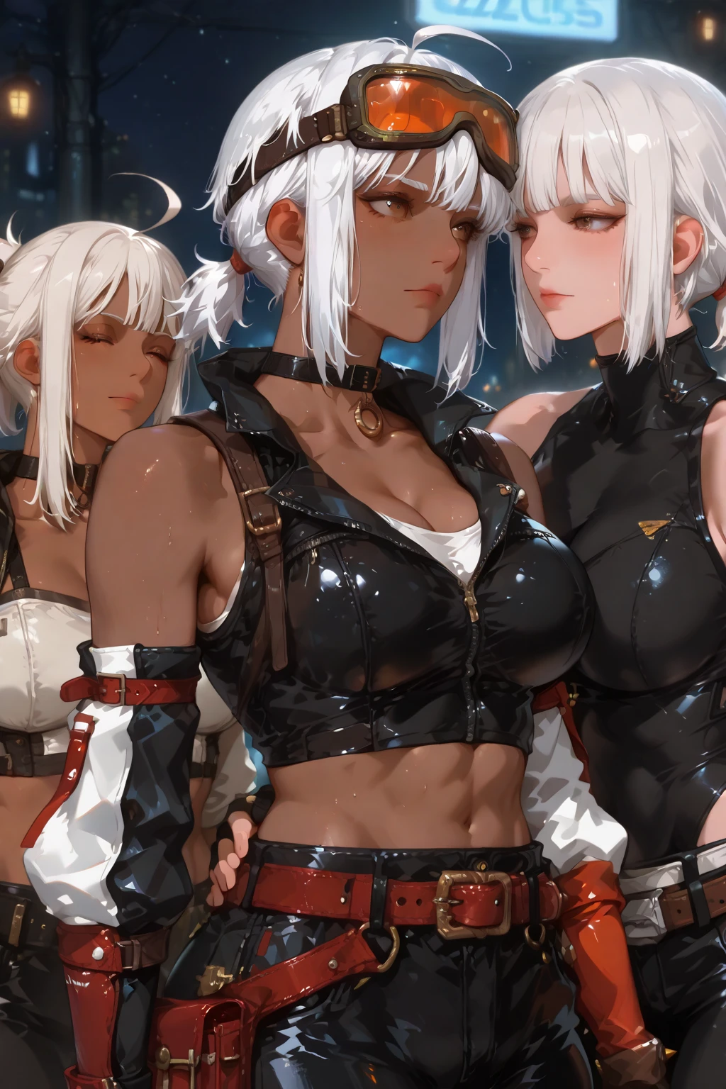 A tribal wild girl warriors being sold in a slave market, bikini , short skirt, white skin, white hair, slim body, curves