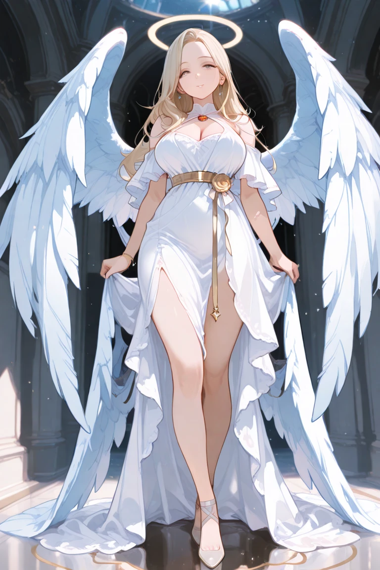 Greek clothes, peplos, 1个Giant Breast Girl, ,Blonde hair, ahoge, green-eyed, florals, hair intakes, looking at viewert, large , Alone, rosette, jewely, By bangs, hand on hips, ribbons, upper legs, 鎖骨, white Background with, ssmile, separated sleeves, woven, hair ribbons, The sword, french woven, 小upper legs, Chopping,  Background with, red ribbons, 耳Nipple Ring, longer sleeves, red rosette, beak, Be red in the face, long whitr hair, choker necklace