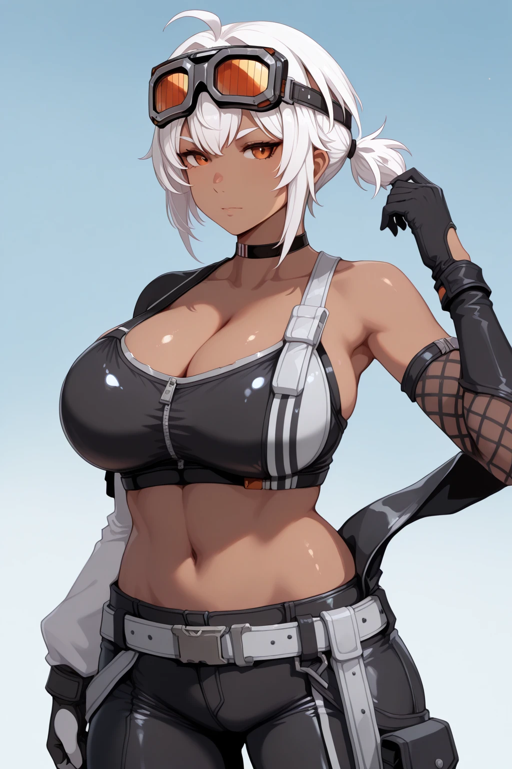 SFW, ((black grey skin Drow)) (micro bikini top, short pants), (gigantic breasts, huge breasts, Big breast), firm breasts , tall girl, slim waist, curvy figure, arms behind back, white hair, red_eyes, braids