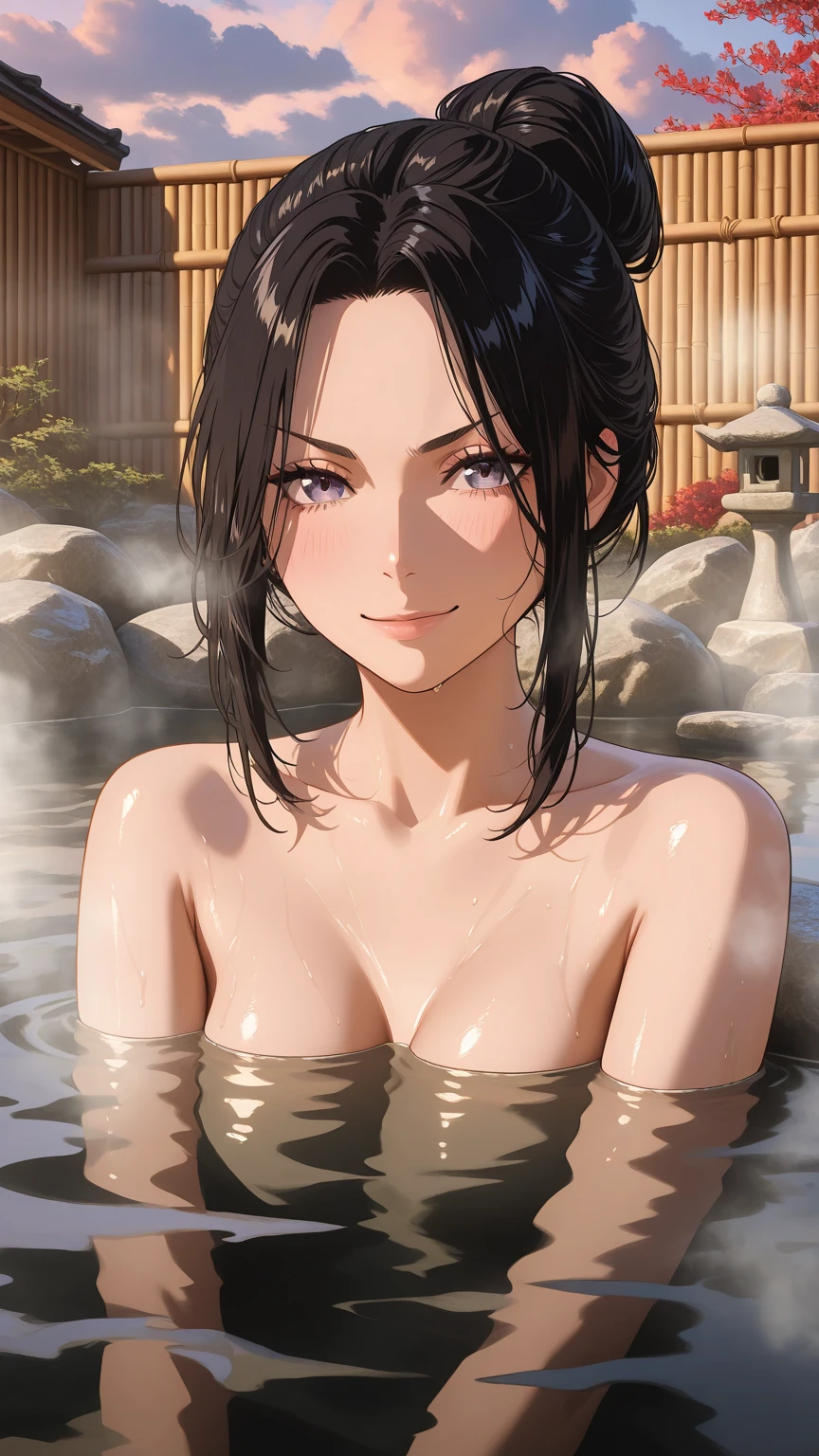 ultra 8k cg, picture-perfect face, perfect face, beautiful face, realistic, hyperrealistic, masterpiece, high quality, best quality, flawless, clean, all intricate, 1girl, solo, shiny glossy skin, nagisa, nude, bangs, Bathing in the hot springs, Open-air bath in summer, pubic hair, flat chest, looking at viewer, gentle smile,