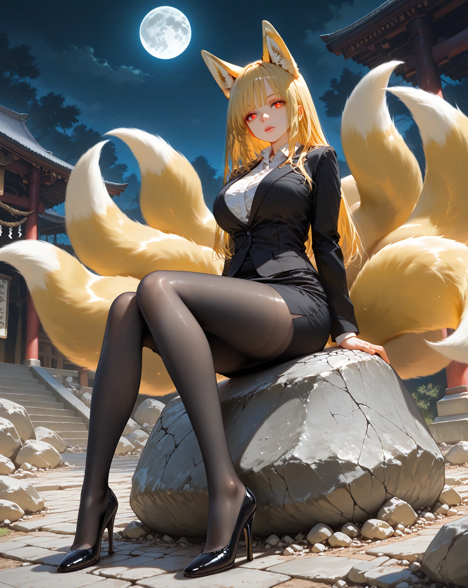 best quality,masterpiece,highres,cg, 1girl, animal ears, tail, fox ears, solo, fox tail, breasts, thighhighs, blonde hair, multiple tails, high heels, large breasts, heart, long hair, cleavage, black thighhighs, looking at viewer, bare shoulders, facial mark, dress, whisker markings, fingernails, underwear, alternate costume, fox girl, full body, lighting,candid,Photograph,high resolution,4k,8k,Bokeh,detail face and eyes