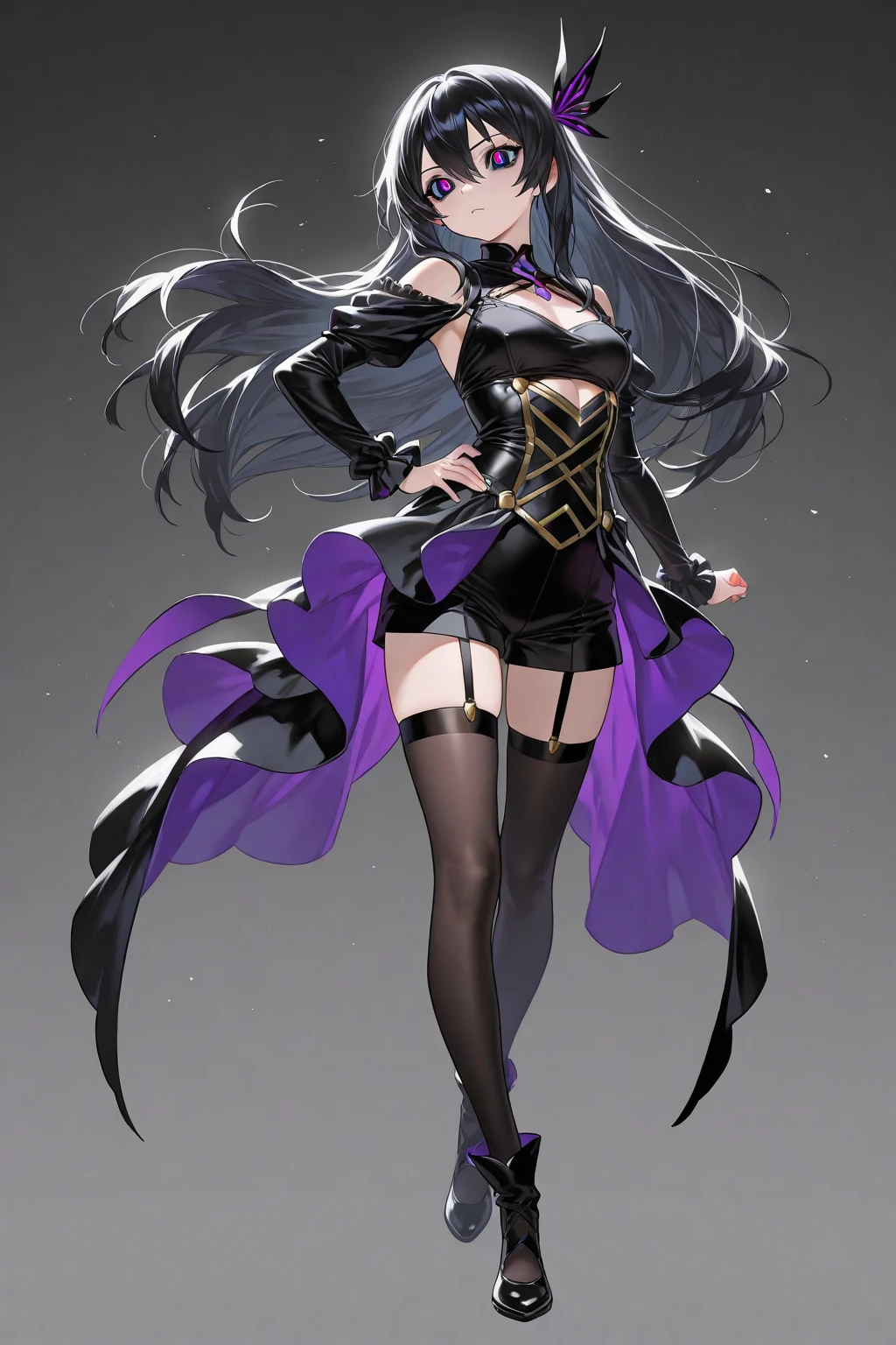 Adult female,Very long purple hair,Full body view,((full body)),Gothic attire,((body harness)),High heels,Simple white background,