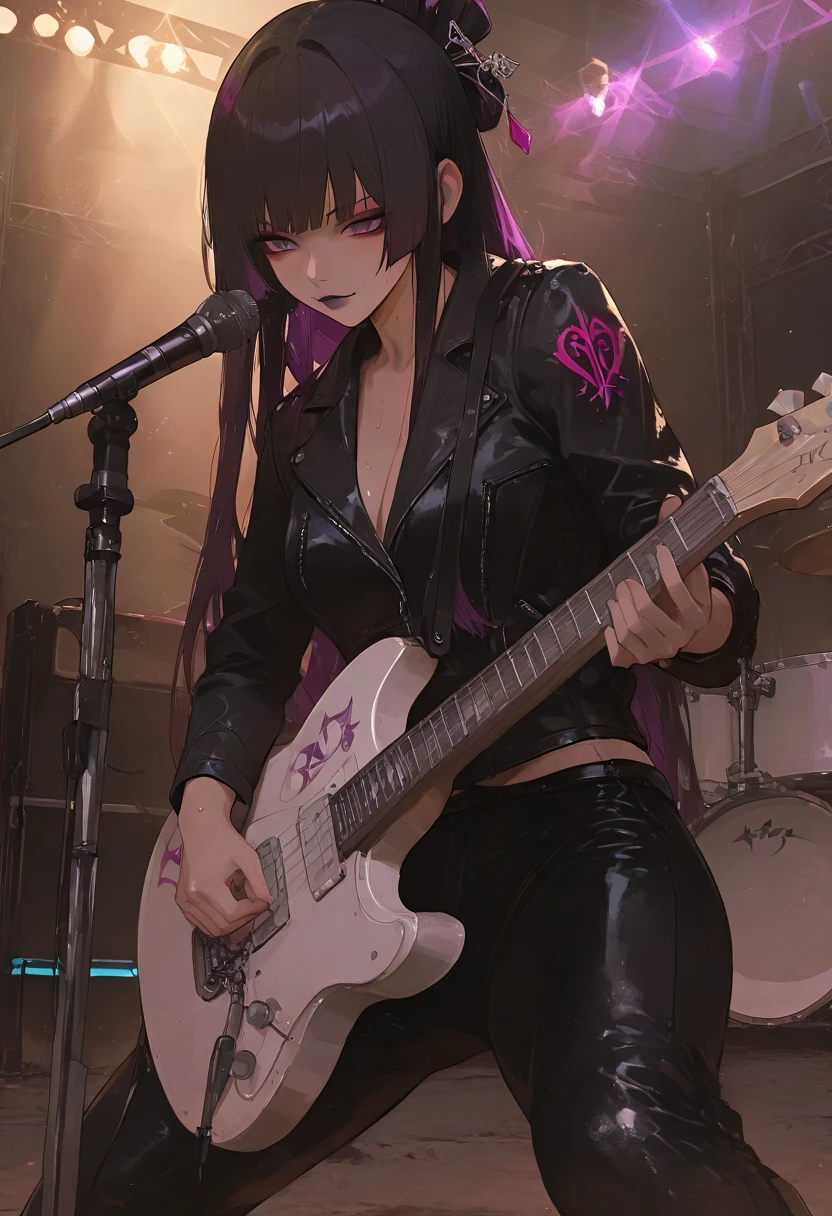 Heavy metal, biker chick with chains and spikes, ferocious expression, powerful female rock star, black leather, dressed in black leather jacket and torn jeans, dark eyeliner and black lipstick, heavy music, fierce woman, standing tall, epic guitar solo, guitar on fire, woman solo electric guitar, female guitarist of metal, woman playing the guitar, electric guitar made of metal, flames on stage, female rocker playing a concert,