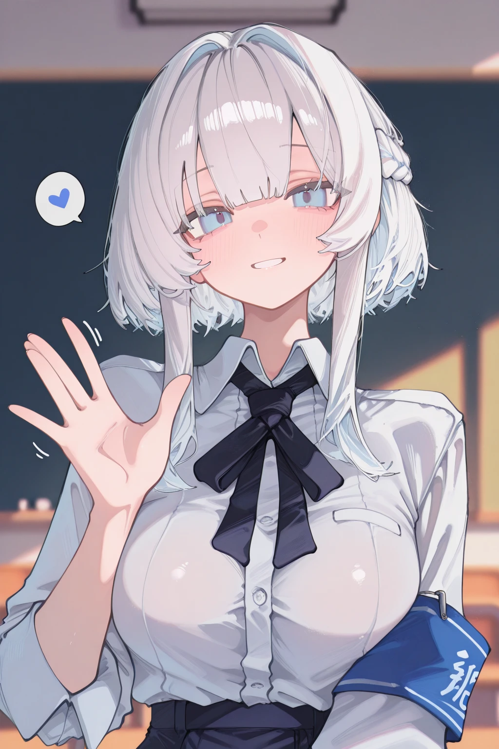 ((masterpiece, best quality, ultra-detailed)), (1girl:1.2), cute_face, kamisato ayaka (genshin impact), blunt bangs, grey eyes, hair strand, long hair, white hair, in japan style bedroom, looking at viewer, from front, close up, portrait, focus, leaning forward, from below,  kamisato_ayaka,