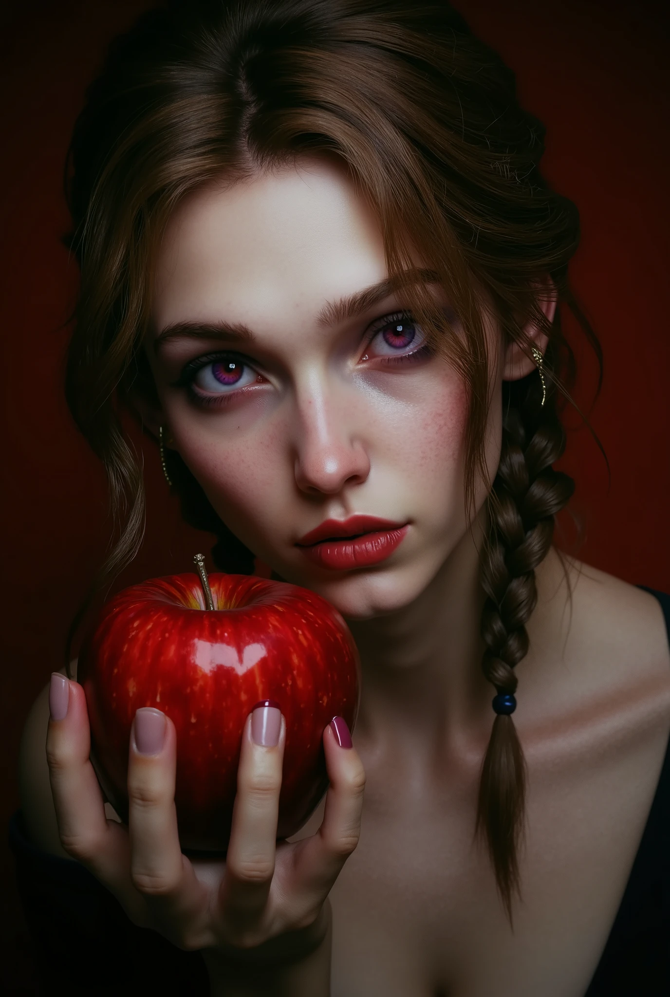 beautiful 25-year-old woman, realistic and beautiful ruby eyes, her hair is brown with a braid on the side, her look is seductive as if she were hiding her intentions, purple eye makeup, full lips and subtle red with a little shine,apple in hand,Poison Apples,simple background, masterpiece digital art of dark fantasy, masterpiece, ultra detailed, quality textures, 8K, colores vibrantes, cinematic lighting,