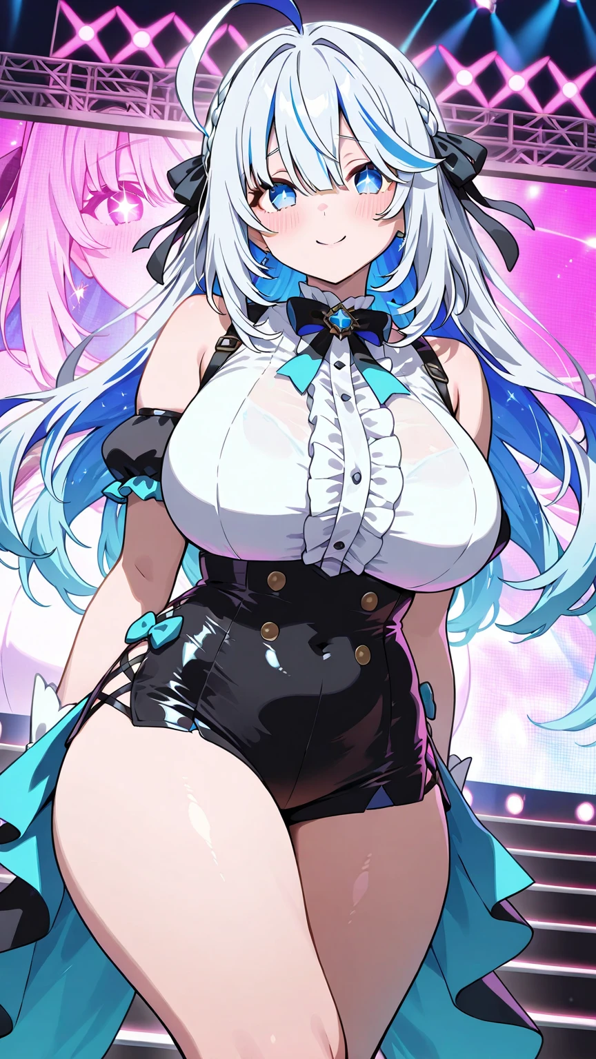todoshizuko, purple hair, ponytail, hair ribbon, long hair, blue eyes, makeup, 15years old,, large breasts,, Live Stage, solo micro bikini
