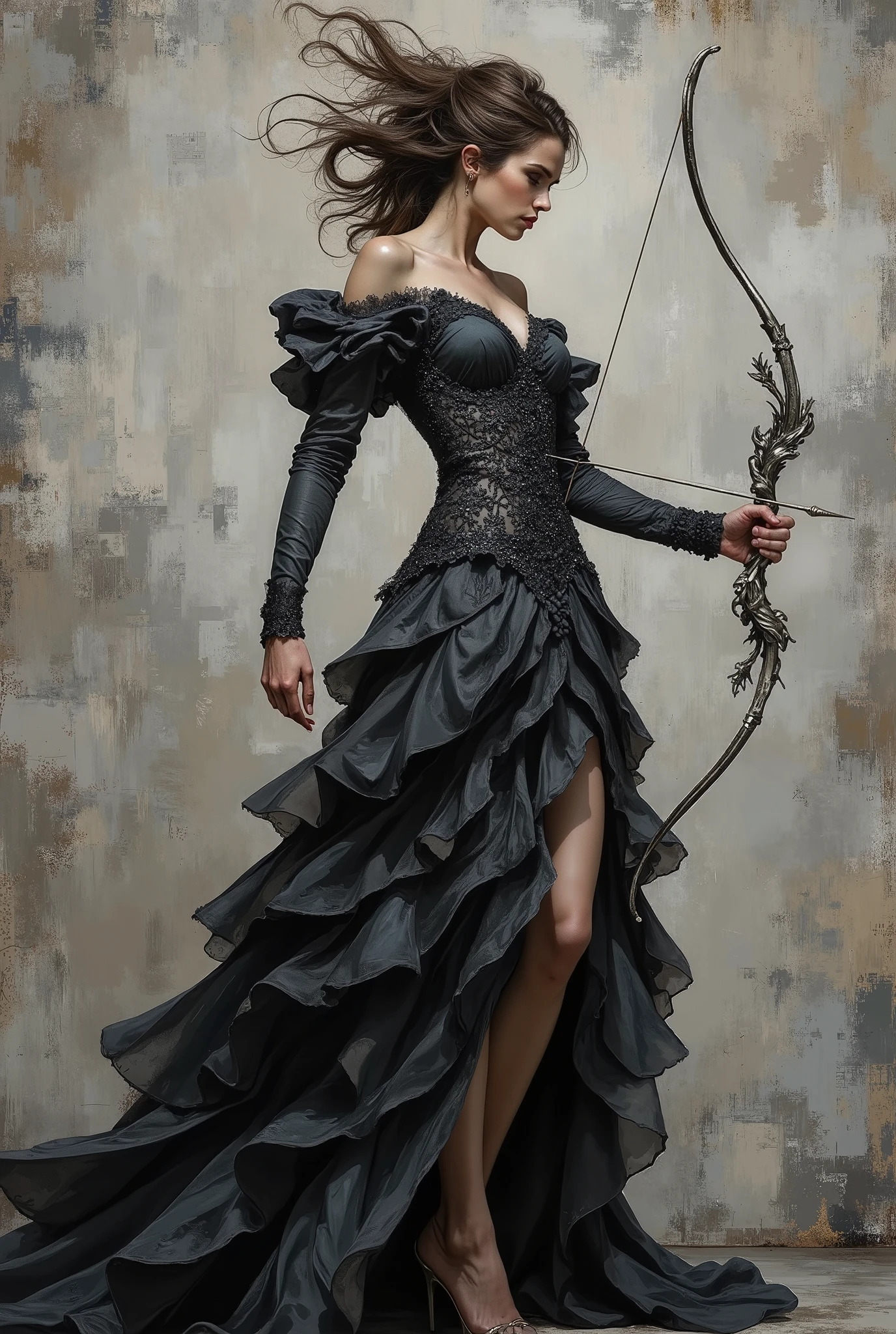 Oil-up style artwork, a painting of A woman stands in a tense, archer-like stance, gripping an ornate bow formed from twisted metallic branches that resemble sculpted vines. The bow gleams in deep silver and pewter tones, its form elegant and organic. She wears a layered charcoal gown composed of intricate lace and semi-sheer fabric, shaped into a bold, sculptural silhouette. The fitted bodice and long sleeves contour her frame, while a voluminous train sweeps outward, caught mid-motion.
Her hair whips back in a tousled, dramatic style, framing a face set with fierce concentration. The background is a solid, textured gray, casting a somber tone that enhances the contrast between her intense presence and the atmospheric stillness around her. Soft lighting diffuses across the scene, catching the patterns in the lace, the shimmer of the bow, and the emotion in her gaze. The combination of structured elegance, fluid movement, and abstract organic detail gives the image a powerful, haunting allure.