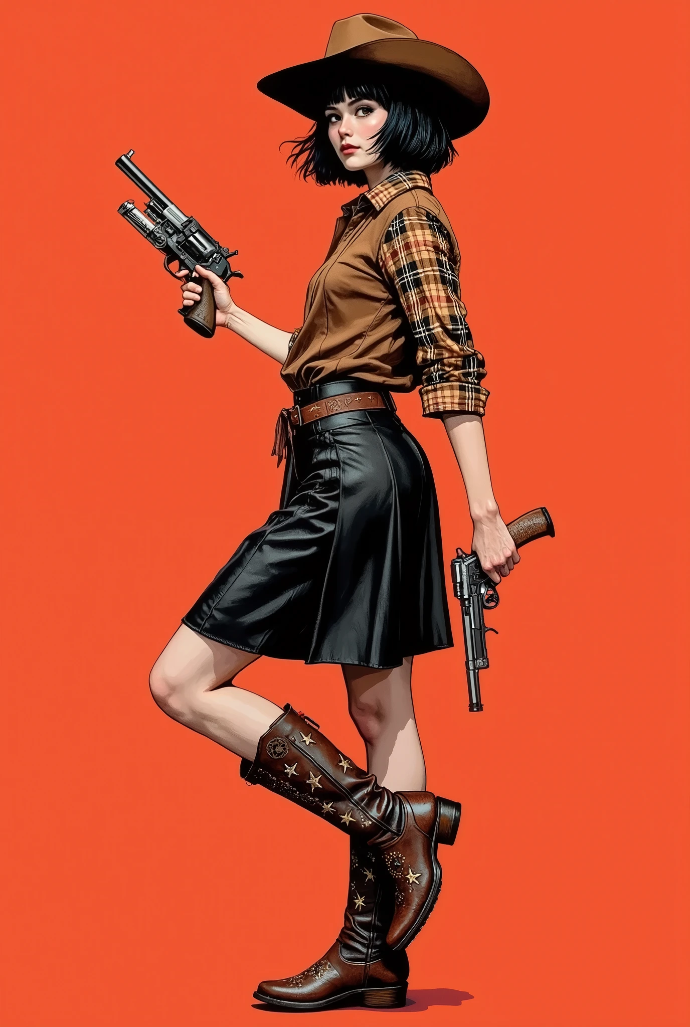 SRC, Cinematic Style, is a highly detailed digital illustration combining anime and western styles, which depicts an energetic young cowboy with fair skin, full-length, with a petite but athletic physique and an elegant black bob haircut with straight bangs, turning in profile. His brown leather cowboy hat was carelessly tilted to one side. Her gaze radiates determination. She is wearing a plaid shirt tied in a knot in front, a brown vest, a sheriff's star and a black leather skirt with a pleat, creating a bright contrast. Her cowboy boots are decorated with intricate gold and silver stars, which gives the look a touch of steampunk. She has a powerful posture, with one leg firmly planted and the other slightly bent, which radiates grace and strength. In her raised hand, she holds the sheriff's badge, sparkling in silver. The background is made in bright red tones, which enhances the dramatic effect and gives her figure and weapons a special energy. This combination of traditional Wild West aesthetics, anime and dynamic pose creates an attractive composition.