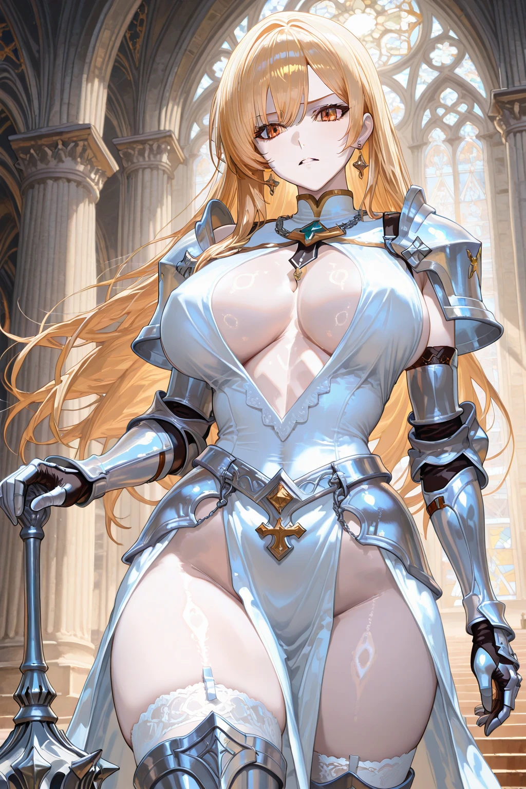 Beautiful, big breasted, single, 1 girl with long hair, blonde hair, brown eyes, warrior outfit, showing off her breasts and thighs. Brown and gold tones Great power swirled with stones and golden light. Both hands held a greatsword and rested it on his shoulder. The greatsword glowed with light. and the magic power on the sword shone brightly. clear greatsword The image of the greatsword was striking. The clearest image of both hands holding a greatsword and resting on their shoulders.