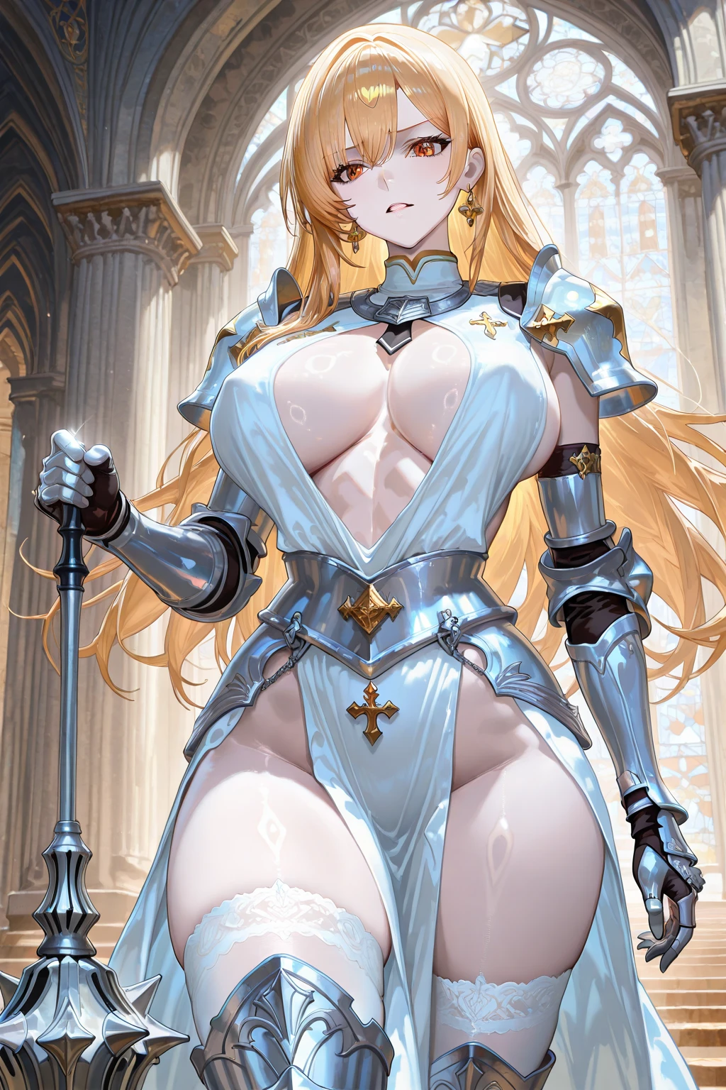 ((masterpiece)), ((high quality)), ((super detailed)), ((high resolution)) ,((8k)), a beautiful woman, ((She is one of the most famous female knight)), unparalleled beauty, ((huge breast)), ((large ass)), ((deep cleavage)), slim waist, chest out, ultra detailed face, perfect skin, (((long blonde straight hair))), blue eyes, detailed eyes, whole body image, (((anime))), ((glamorous)), 21 years old, ((incredibly beautiful woman)), ((The I cup bust)), ((((leather armor)))), ((beautiful breasts)), beautiful legs, 8 life size, anime, the most beautiful and strongest, ((charm)), ((Grown-up face)), ((Perfect fingers)), ((Bewitching)), ((A young heroine)), ((((from below)))),