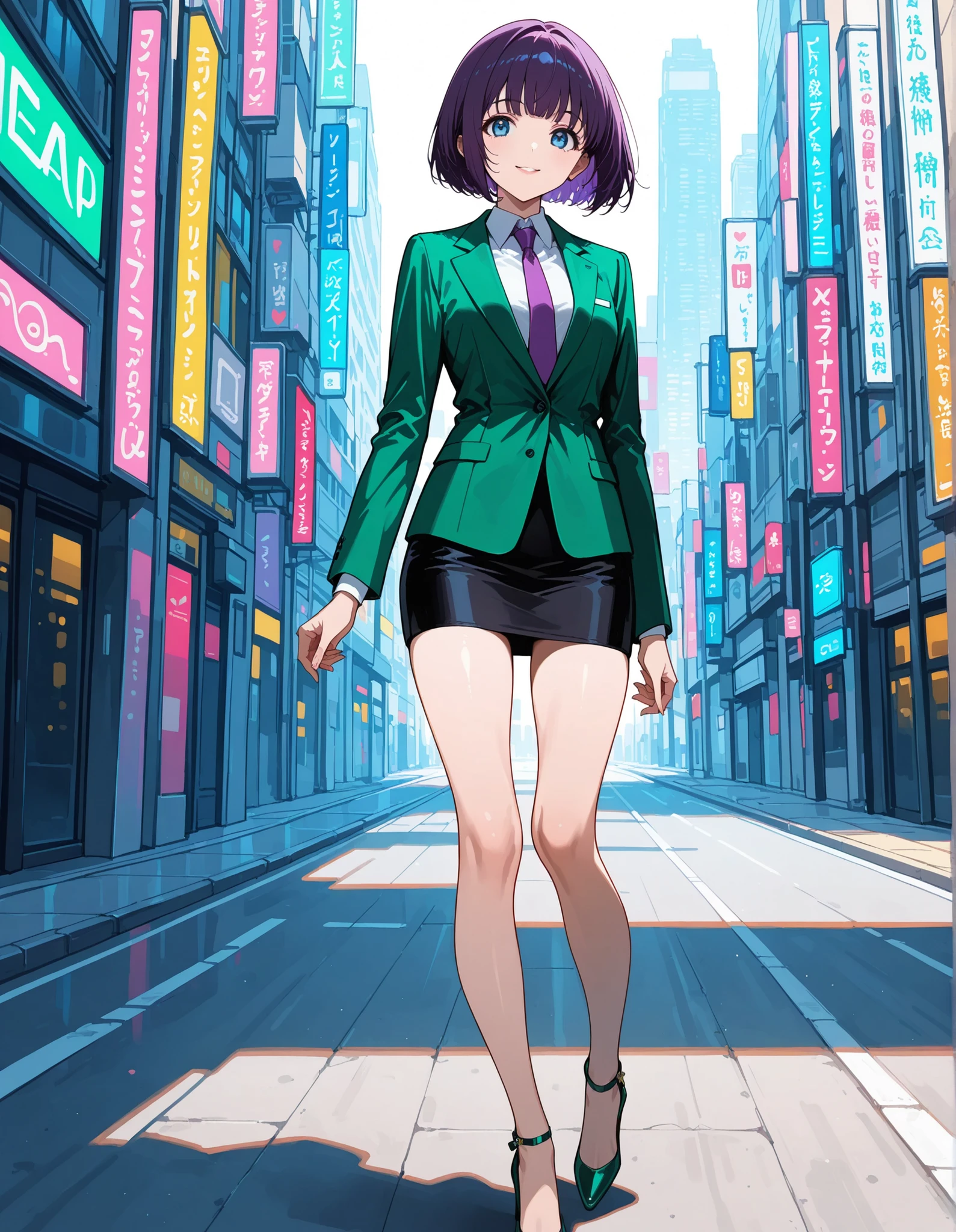 score_9,score_8_up,score_7_up, 1girl, 22 years old, beautiful woman, beautiful face
BREAK
ultra-detailed, solo, standing in an empty Miami street, (professional green suit jacket), (purple necktie), (black pencil miniskirt), (bare legs), (matching green high heels), walking with confidence, natural casual pose, slight smile, soft sunlight, office fashion, business chic, ideal proportions, ideal anatomy, perfect hands, elegant fingers, toned legs, (medium bust), refined facial features, cute and expressive, (purple bob cut hair), short hair, hair swaying slightly, (blue tareme eyes), beautifully detailed eyes and face, poised expression, fashionable and composed, (whole body), full shot, city background, vibrant colors, clean and bright lighting, slight motion blur for realism
