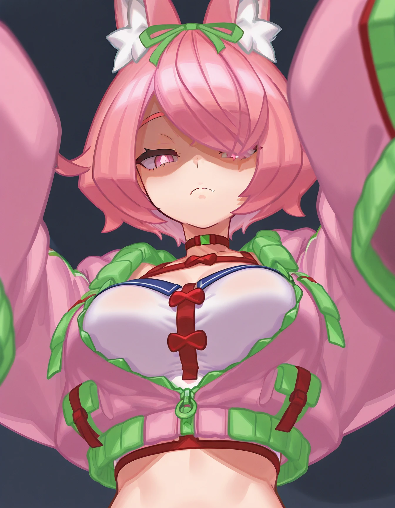 a 1girl, Japanese ocean, beach, beautiful big breasts, rose hair, Bright green color at the ends of the hair,  MitsuriKanroji,stands in full growth in pink micro bikini,  (Body Full 1:1), Dazzling, smil, chest, In art: Demon Slayer, Demon Slayer Art Style, badass anime 8 k, Demon Slayer, Anime Key Art, 4 k manga wallpapers, kimetsu no yaiba, anime wallaper, Ultra Transparent, Ultra Detailed, very extremely beautiful, very extremely beautiful, beautiful breasts, (tmasterpiece, beste-Qualit), belly tattoo, sucubbus tattoo