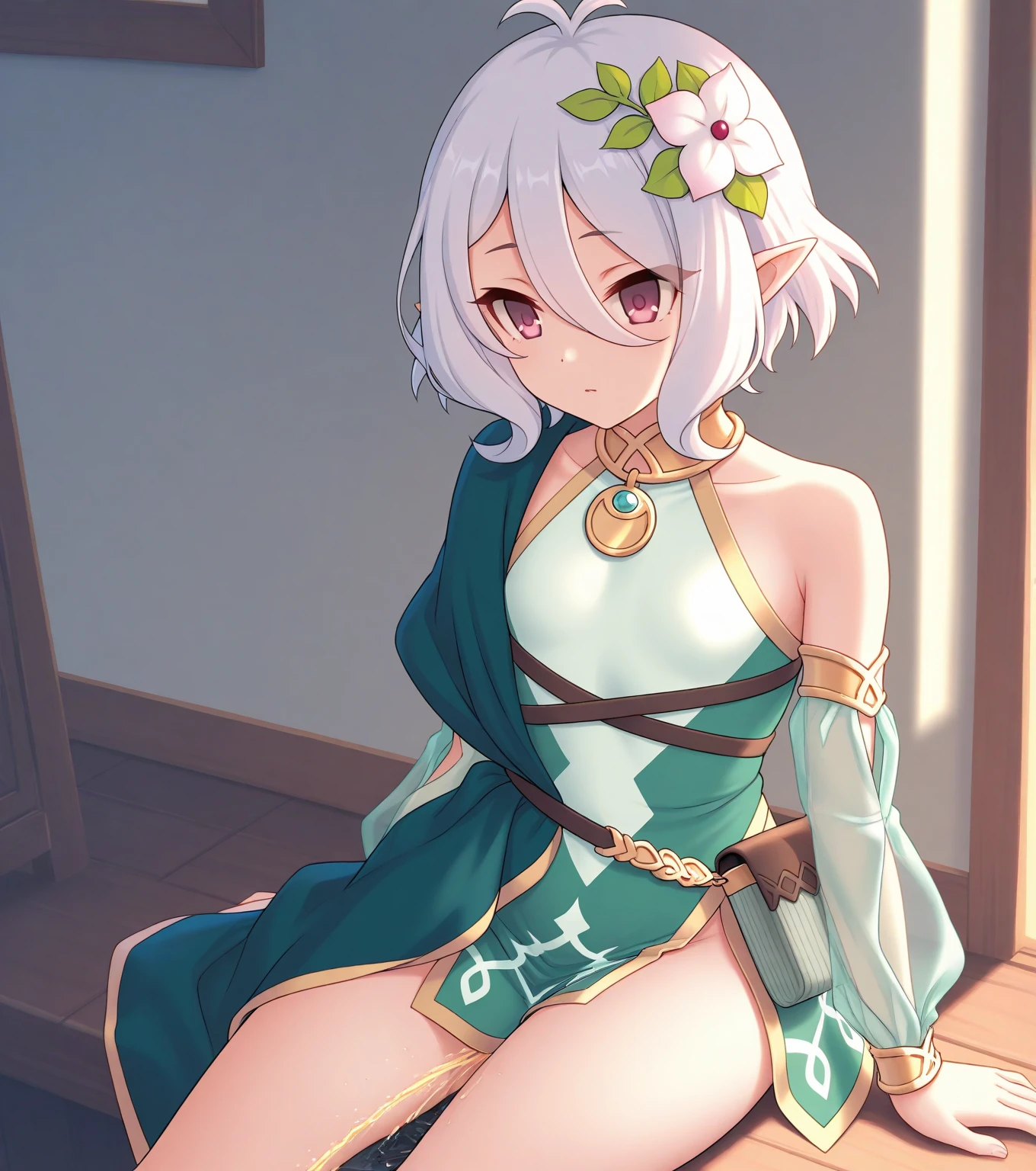 Character Details: - Gender: 1 Girl.
- Style: Anime - Body Type: Attractive body, slim body, nice bare legs, slim bare tights, bare arms, bare shoulders. - Breast: Small Breast, Show Cleavage.
- Facial Features: Beautiful, Gorgeous, Teenager, Fresh, Young.
- Expression: Smile, Pink Blush on Face, Sexy Eyes, Sexy Look, Innocent Look.
- Clothing: White Flower Dress. - Body Pose: Sitting.
- Hand Pose: Hands on Hip.
- Behaviour: Waiting, Want Something, Secretly.
- Accessories: Flower Hair Piece, Earrings, Silk cloth. Environmental Details: - Setting: Indian Indoor, Bed Room, Wooden, Ancient, Fantasy, Window, Light, Stars, Night Sky, Particles. - Lighting: Natural Light. - Decoration: Indian theme, Silk bed, Silk mattress, Soft bed, Silk ornament. silk curtain, pattern cloths, Flower Silk Pattern, Feathers, and Flowers. Artistic Style and Quality: - Masterpiece, top quality, best quality, official art, beautiful, and aesthetic:1.2 - Fractal art:1.1, Colorful:1.1, Highest detailed:1.2, Zentangle:1.2 - Crisp details, Sharp lines, Rich textures, Fine craftsmanship:1.3 - High resolution, Meticulous rendering:1.2