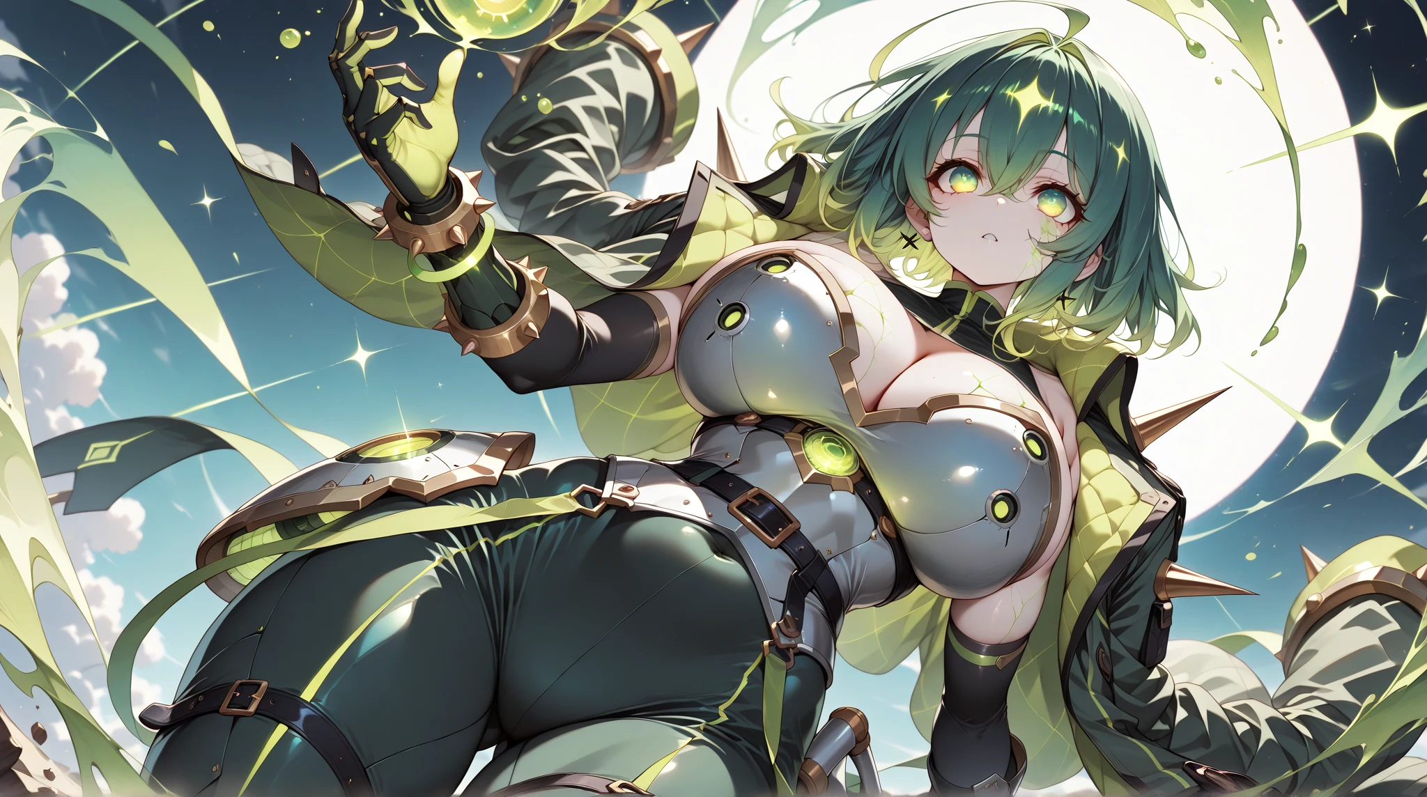 Highest quality, masterpiece, Ultra-high resolution, One Mature Woman,(gigantic breast:1.7),(Bad look in the eyes:1.5),tall,Grass-green hair,ponytail,Long Hair,Blue Cloak,A choker with silver bells,Blue gemstone earrings,(Magic Monocle:1.5),Flower Hair Ornaments,front,valley,Beauty,Amber Eyes,Glare,Frowning,Long legs,Ninja,Bladed Gauntlets