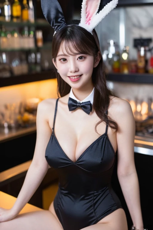 8k,best quality, masterpiece, ultra detailed, ultra high res, photorealistic, raw photo, absurdres, absolutely resolution, (1girl), upper body shot, looking at viewer,a Japanese young pretty girl, hyper cute face, glamorous figure, large breasts,long bob hair,smile,(playboy bunny,rabbit ears, black rabbit ears, fake rabbit ears, pantyhose, black pantyhose,bowtie, wrist cuffs, black leotard:1.3),beautiful eyes, Smiling and welcoming customers at the casino,glossy lips, double eyelids in both eyes, natural makeup, long eyelashes, shiny smooth light brown long bob hair, asymmetrical bangs, shiny skin, central image, high resolution, high detailing, detailed hairstyle, detailed face, spectacular movie lighting, octane rendering, vibrant, hyper realistic, perfect limbs, perfect anatomy