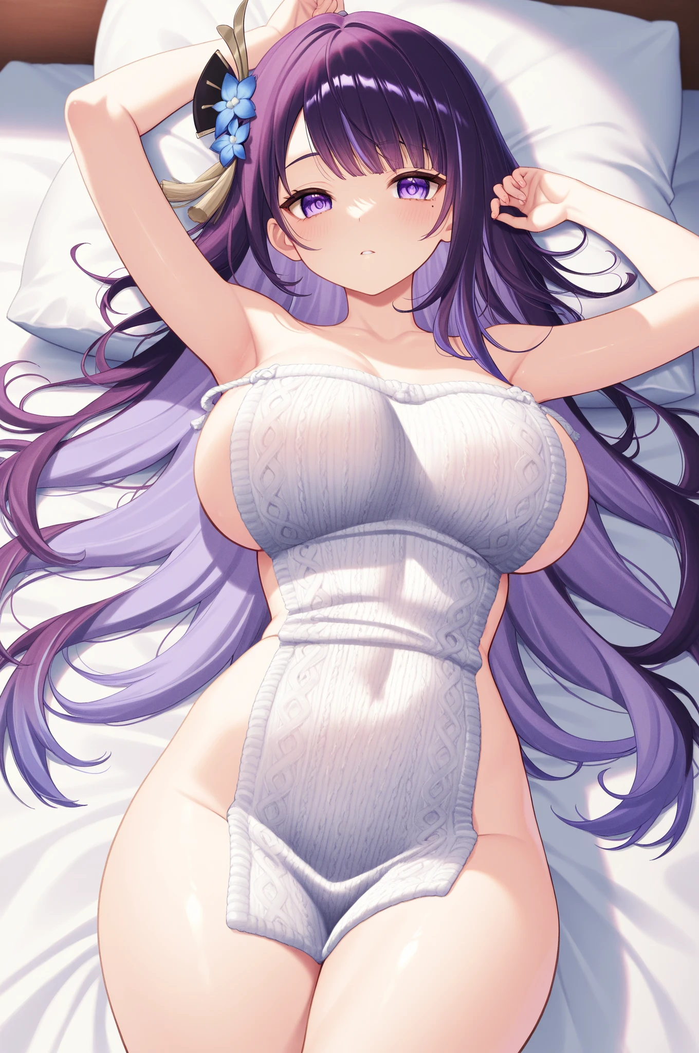 (masterpiece:1.3), (Highest quality), (High resolution), (Half Up:1.4),(Puffing up one’s cheeks:1.4),Beautiful Face,Beautiful body,Beautiful breasts,Beautiful Eyes,Beautiful Hair,Long Hair, (blunt bangs:1.4),Purple Hair, Blunt bangs, Purple eyes, (large breasts:1.4),lying on back lie on one’s back
,(legs apart:1.4),(arms behind head:1.3), (spread legs:1.3),(NSFW,Nude),(Top and bottom white lace underwear:1.4),Beautiful clavicle,Beautiful neck,(on back:1.3), Bedroom,(Top and bottom white lace underwear:1.4),Cowboy Shot,