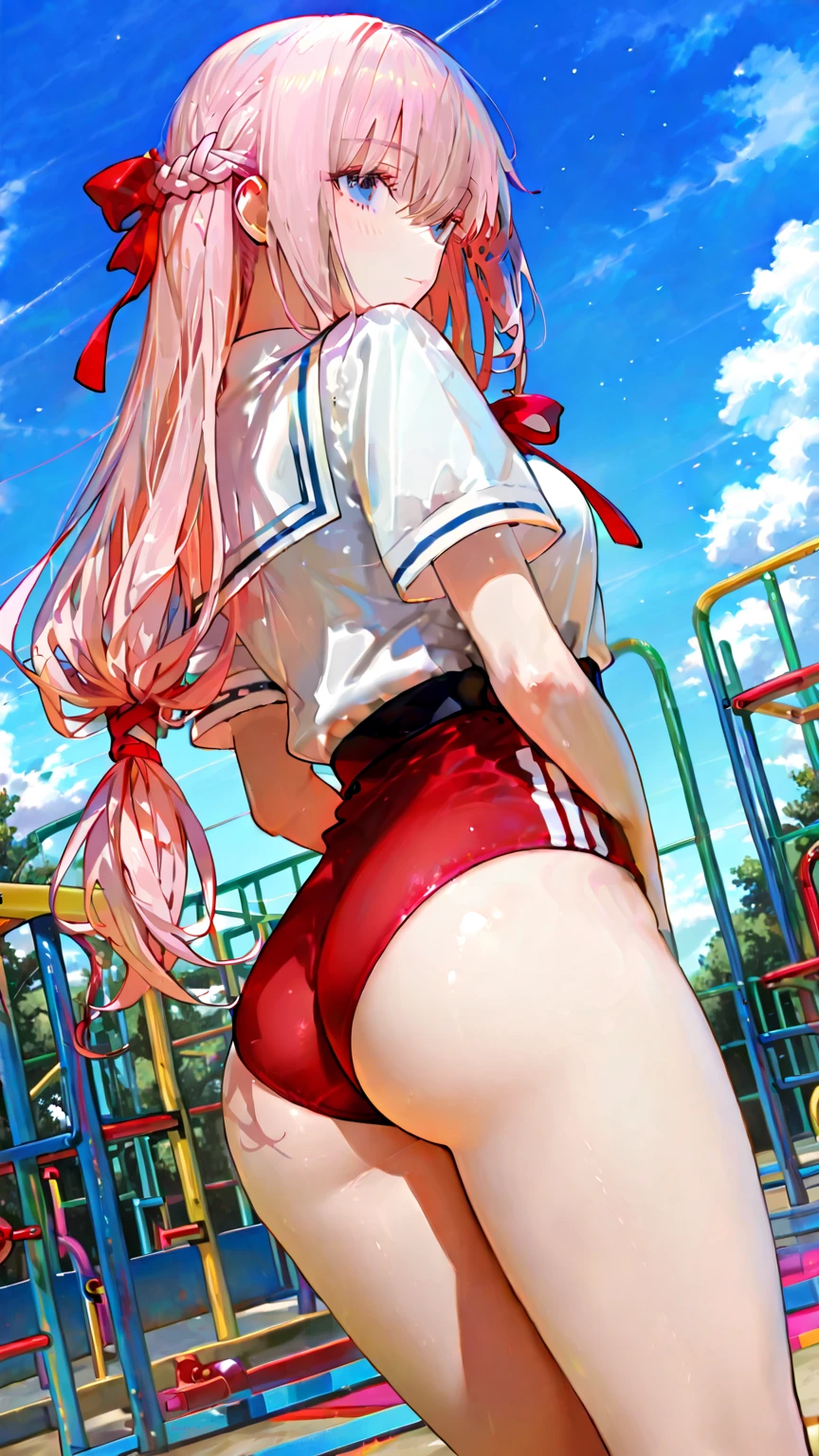 anime girl,trousersless,ribbon,Squat,Fluid from the crotch,Sportswear,Crotch close-up,very small clothing,Extra small clothes,semi-bare,Semi-occlusion,incontinence,Going to the toilet