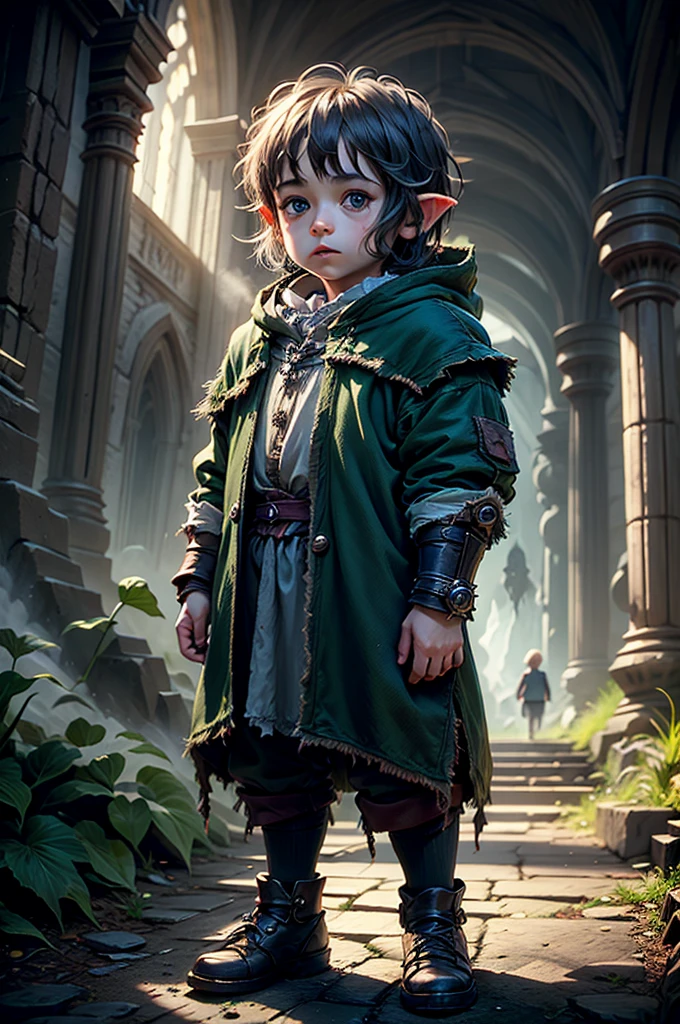 (Realisttic:1.2), analog photo style, (cute goblin woman looking like elf, intensed red eyes, surrounded by a gloomy antique setting), (her full body s a visual pleasure), faint smile, soft shading expresses beautiful skin texture, silk material, Graceful curve, necklace, rich and lustrous hair, three dimensional effect, gloomy dark atmosphere, play of light in the sun rays, a delicate balance between beauty and darkness, faded colours, great quality, Masterpiece, intricate fantasy background, naturally cinematic light, 16k quality, HDR, RAW photo