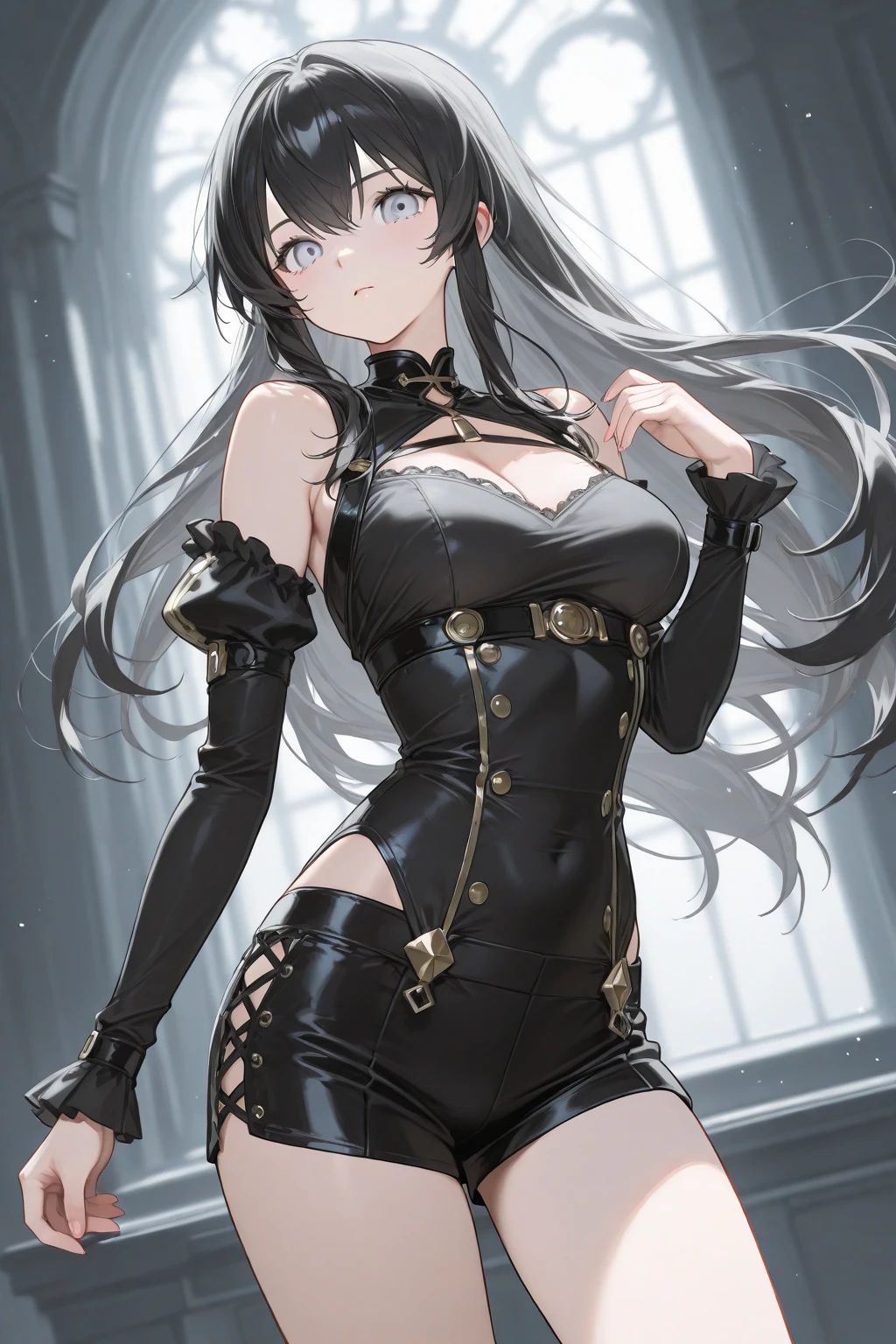 absurdres, RAW photo, extremely delicate and beautiful, masterpiece, Best Quality, ultra high resolution, 32k, hyperrealistic, ultra-detailed, perfect anatomy, anatomically correct, perfect figure, Perfect Style, Perfect balance, in her 20s, very Slim body, narrow waist, very small head, very small face, delicate facial features, detailed face, detailed eyes, tearful mole, earring, very huge round breasts, whole body shot, whole legs, medium hair, asymmetrical hair, indoor, skirt, camisole,