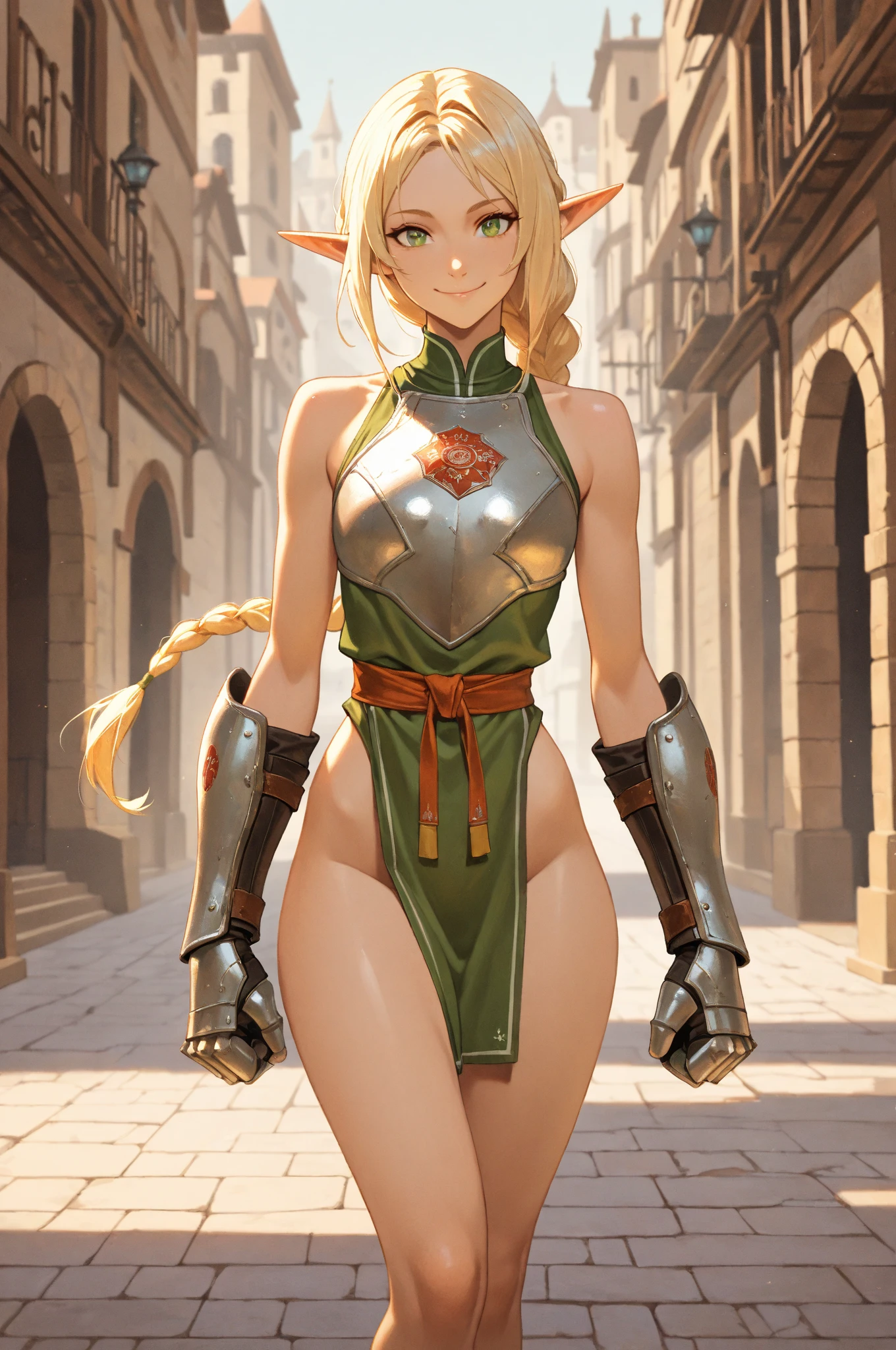 1girl, salute, blue dollsuit, blonde hair, long hair, green eyes, elf ears, pantyhose, forest, steam, masterpiece, highly detailed, HDR,8k resolution, best quality, perfect face, beautiful face, beautiful eyes, ((perfect female body, narrow waist))