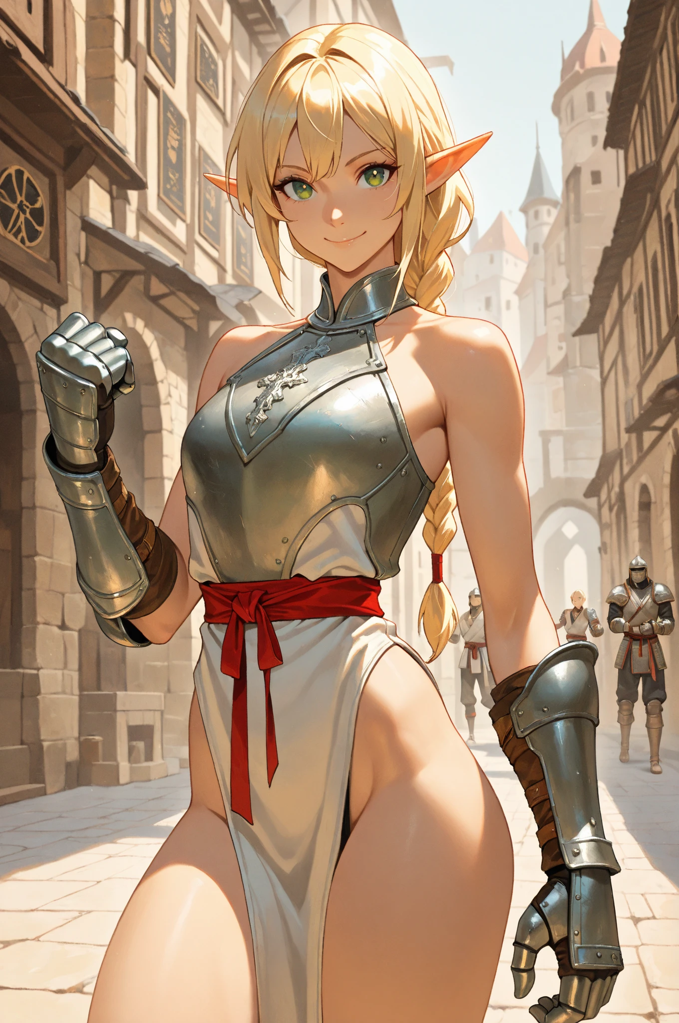 (masterpiece, best quality), 1girl, <lora:InaseRiseofEros:0.8> InaseRiseofEros, 1girl, solo, short hair, skirt, brown hair, blue eyes, navel, jewelry, large breasts, braid, grey hair, earrings, armor, skirt, earrings, underboob, criss-cross halter