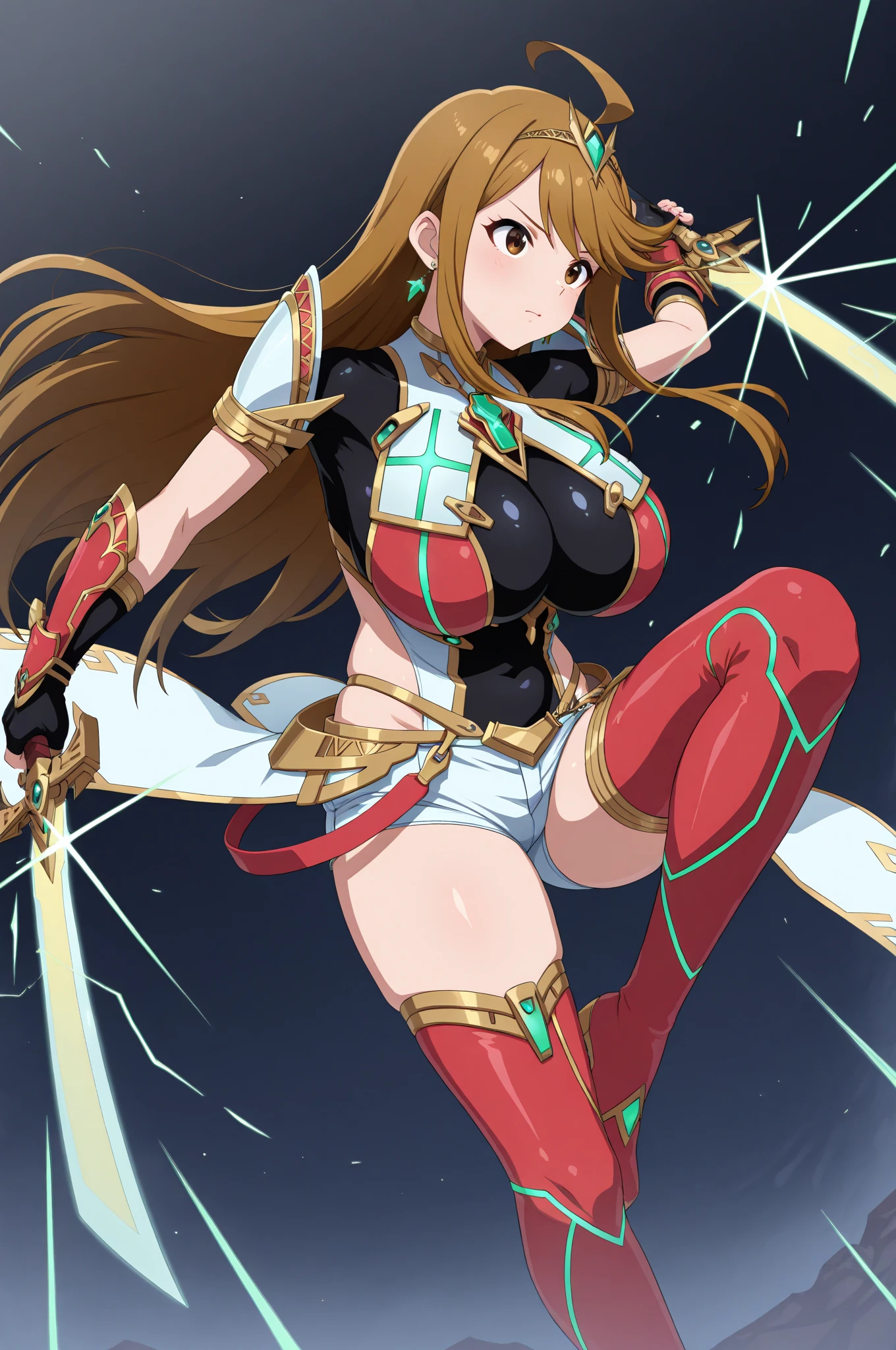 ((masterpiece, best quality, highres, UHD, perfect pixel, depth of field, 4k, RTX, HDR))), 1girl, single, solo, beautiful anime girl, beautiful artstyle, anime character, ((long hair, bangs, dark brown hair, simple hair pin)), ((green eyes:1.4, detailed eyes, beautiful eyes, perfect eyes,curly eyelashes, realistic eyes)), ((detailed face, blushing:1.2)), ((smooth texture:0.75, realistic texture:0.65, photorealistic:1.1, anime CG style)), medium breasts, ((dynamic angle, cowboy shot)), perfect body, ((red and brown leotard, bare legs, boots, gloves)), smile, open mouth, hand behind back, leaning forward, amusement park, atomic particles, body glowing, blue glow, spread arms, twirling, magical girl transformation
