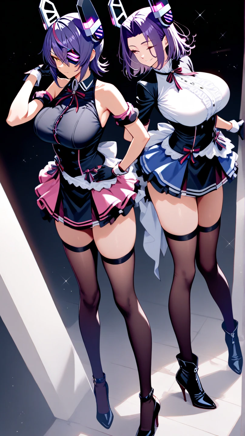 Two women wearing navy blue maid outfits are riding a crowded train side by side., male, be molested, beautiful little ass, long skirt, panties, underwear, (shiny light blue satin panties:1.3)、(shiny pink satin panties:1.3)、横紐レースpanties that cover the butt、Liar, Thighhighs,garter belt, the skirt is short in the back, the skirt is turned up, think back, realistic,Angle from the back, Two-dimensional beautiful girl